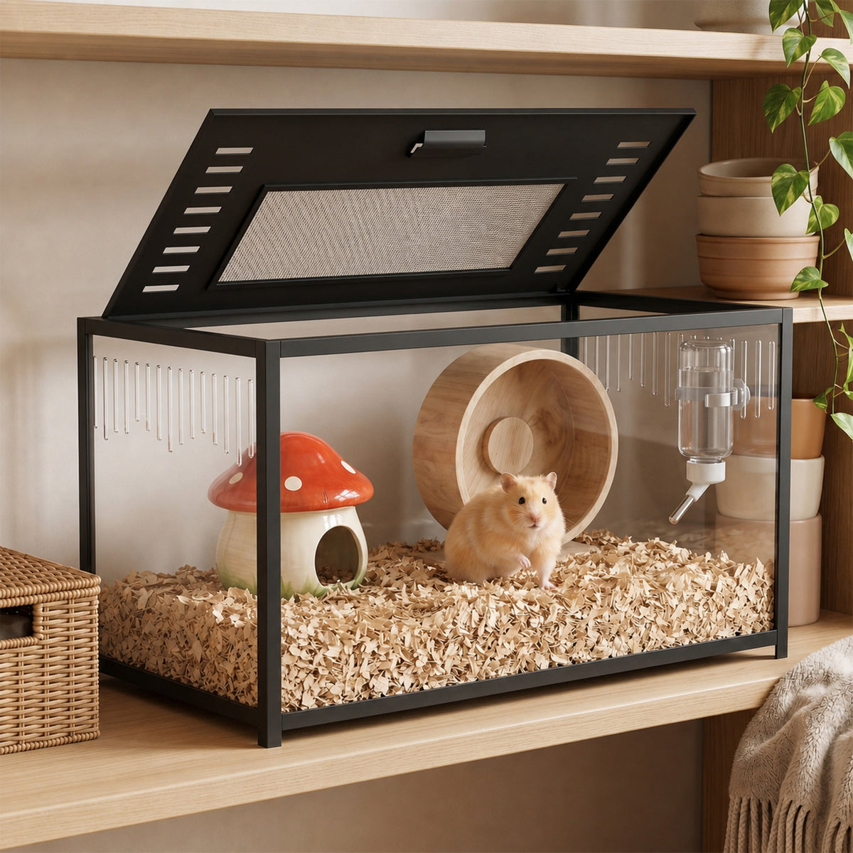Hamster Cage, Chewproof Metal Rat Cage with Deep Base, Openable Top & Excellent Ventilation, Transparent Small Animal Habitat for Syrian Dwarf Hamster, Gerbil, 80 x 45 x 50.5 cm, Black