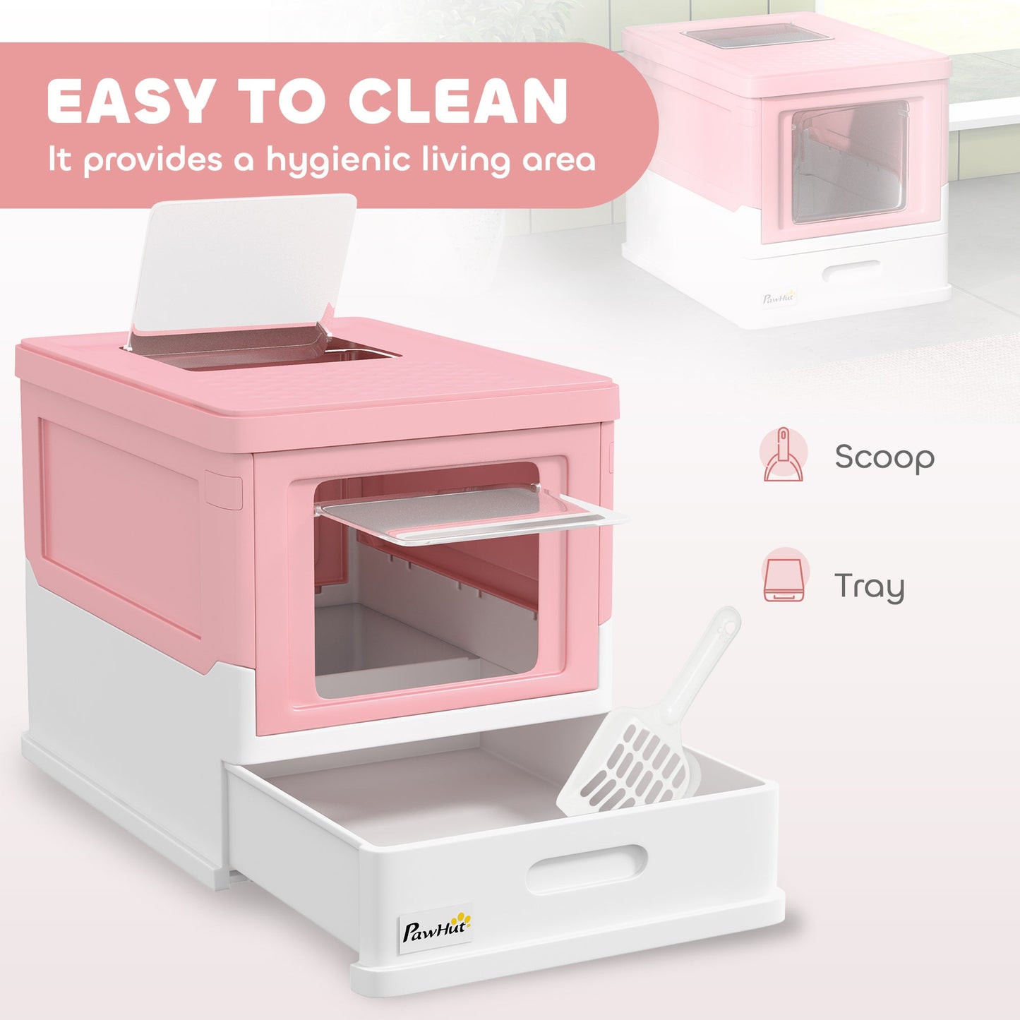 Cat Litter Tray with Hood Enclosed Cat Litter Box Pet Toilet w/ Lid, Scoop, Front Entry, 47.5 x 35.5 x 36.7cm - Pink