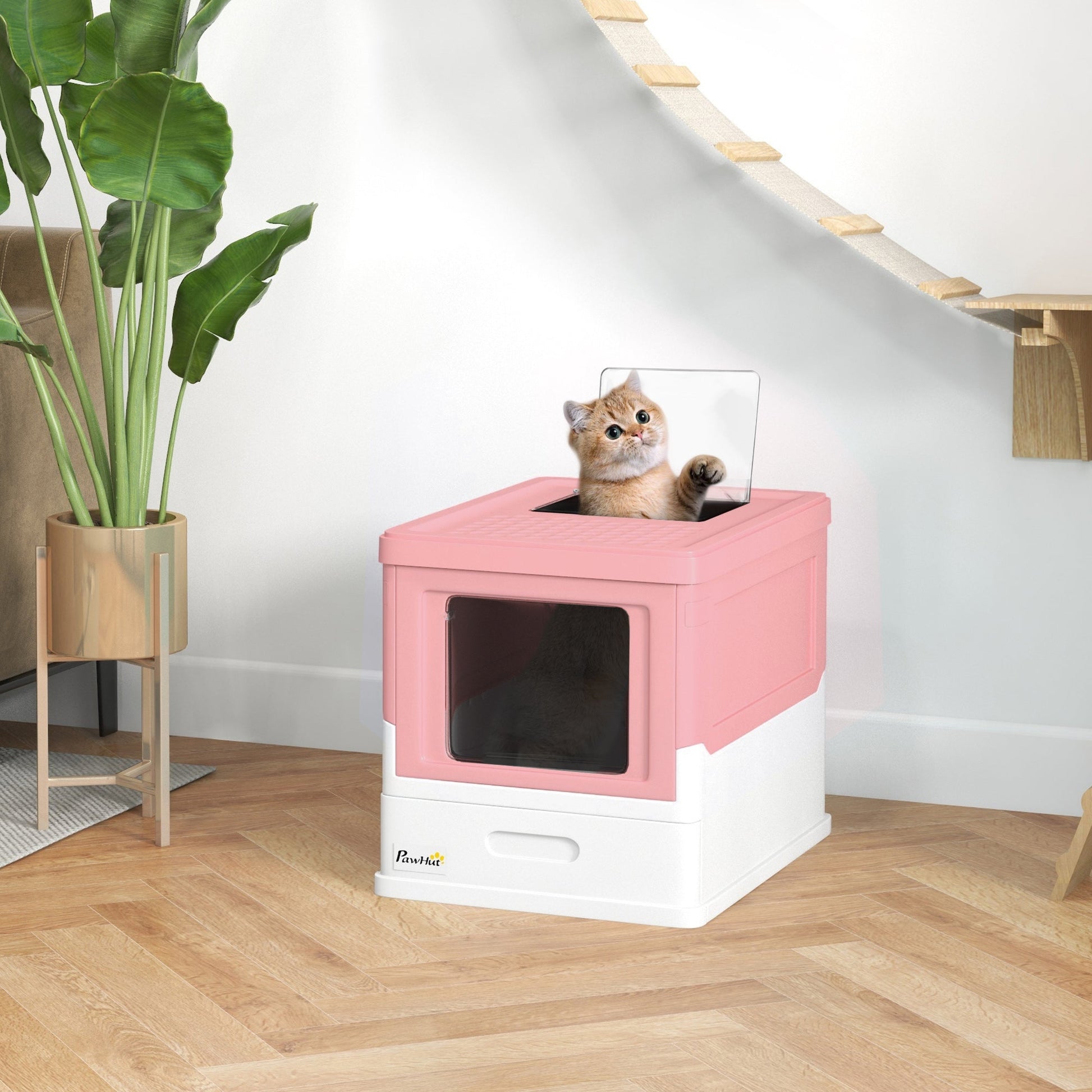 Cat Litter Tray with Hood Enclosed Cat Litter Box Pet Toilet w/ Lid, Scoop, Front Entry, 47.5 x 35.5 x 36.7cm - Pink