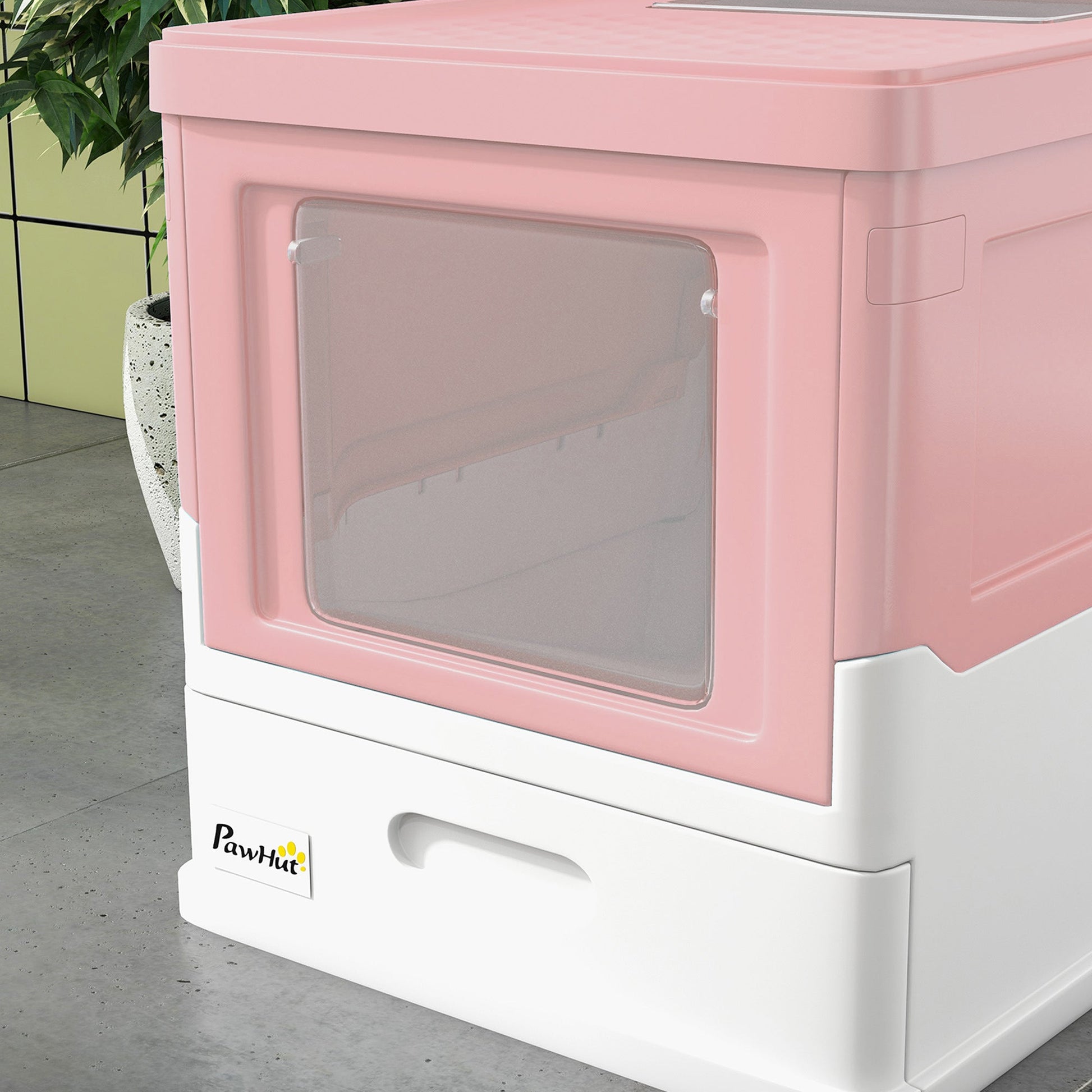 Cat Litter Tray with Hood Enclosed Cat Litter Box Pet Toilet w/ Lid, Scoop, Front Entry, 47.5 x 35.5 x 36.7cm - Pink