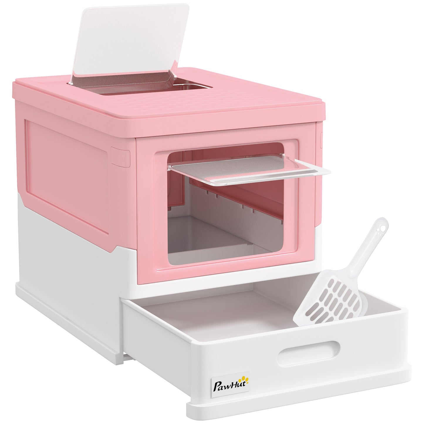 Cat Litter Tray with Hood Enclosed Cat Litter Box Pet Toilet w/ Lid, Scoop, Front Entry, 47.5 x 35.5 x 36.7cm - Pink