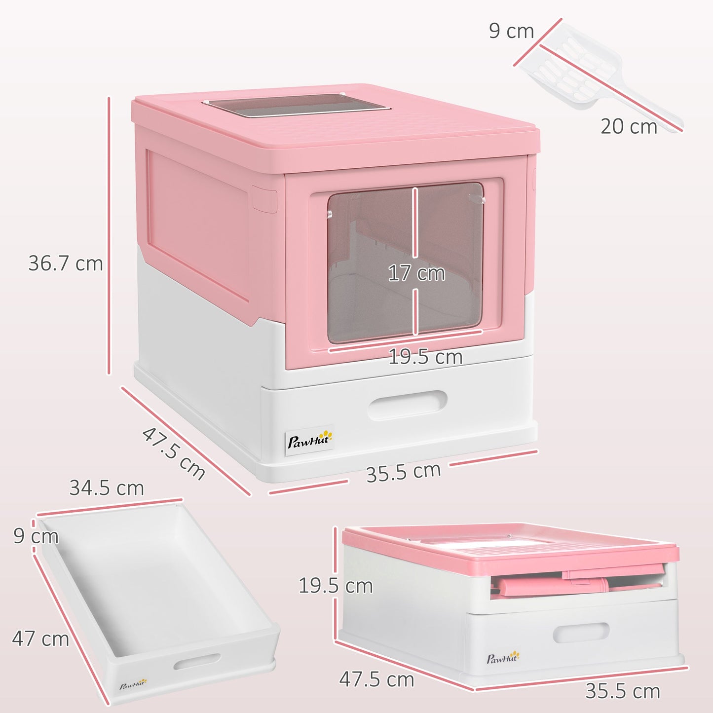 Cat Litter Tray with Hood Enclosed Cat Litter Box Pet Toilet w/ Lid, Scoop, Front Entry, 47.5 x 35.5 x 36.7cm - Pink