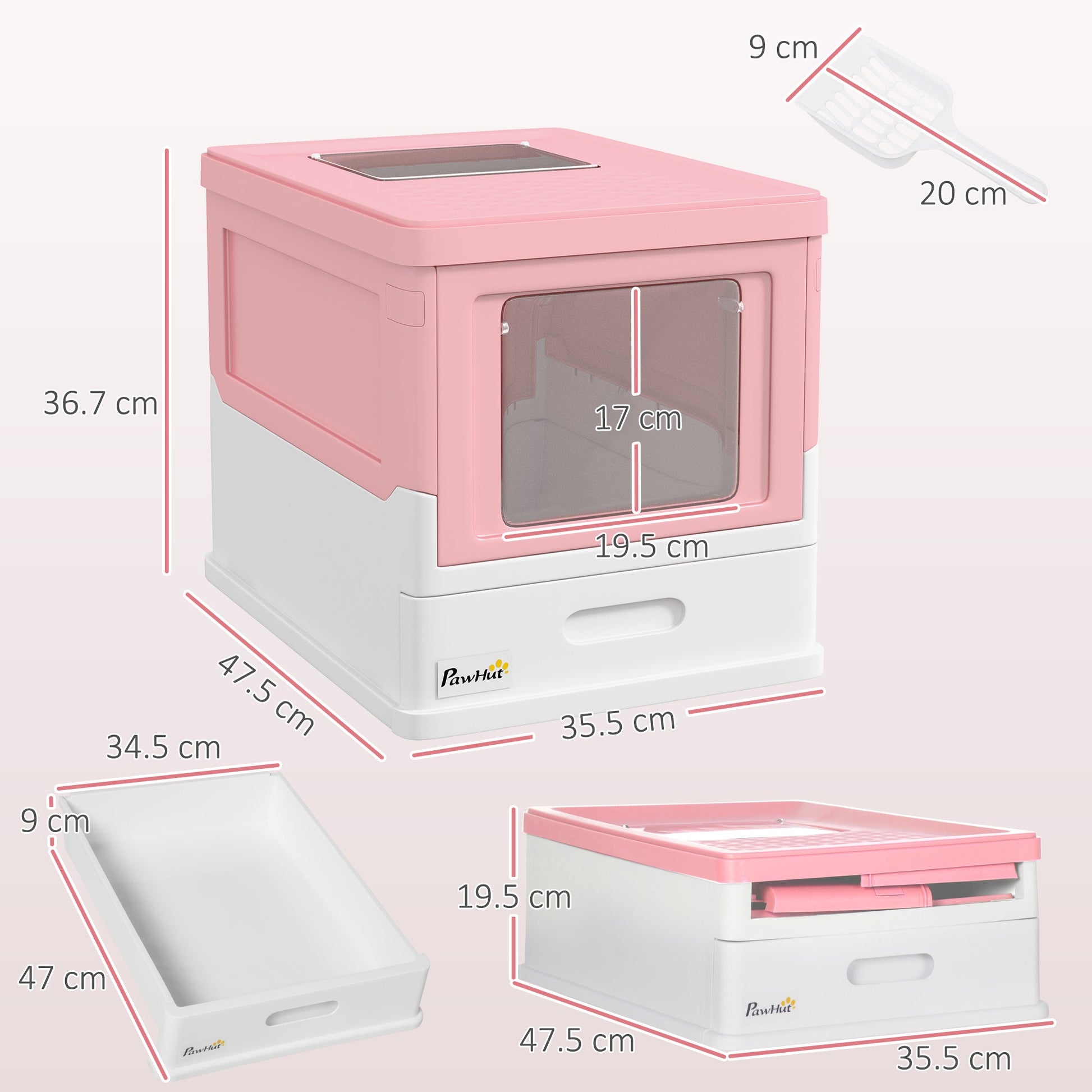 Cat Litter Tray with Hood Enclosed Cat Litter Box Pet Toilet w/ Lid, Scoop, Front Entry, 47.5 x 35.5 x 36.7cm - Pink