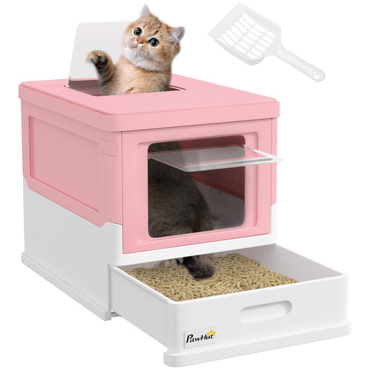 Cat Litter Tray with Hood Enclosed Cat Litter Box Pet Toilet w/ Lid, Scoop, Front Entry, 47.5 x 35.5 x 36.7cm - Pink