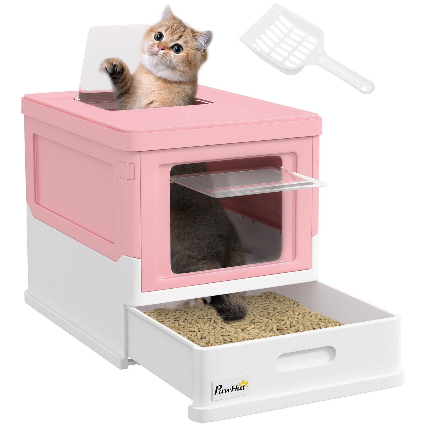 Cat Litter Tray with Hood Enclosed Cat Litter Box Pet Toilet w/ Lid, Scoop, Front Entry, 47.5 x 35.5 x 36.7cm - Pink