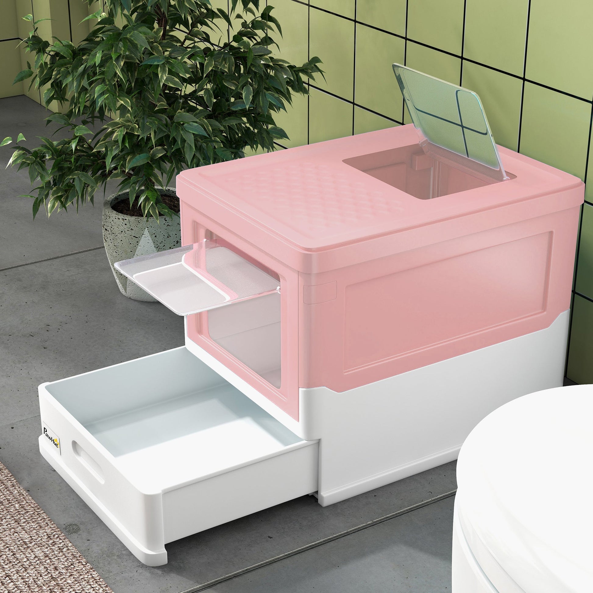 Cat Litter Tray with Hood Enclosed Cat Litter Box Pet Toilet w/ Lid, Scoop, Front Entry, 47.5 x 35.5 x 36.7cm - Pink