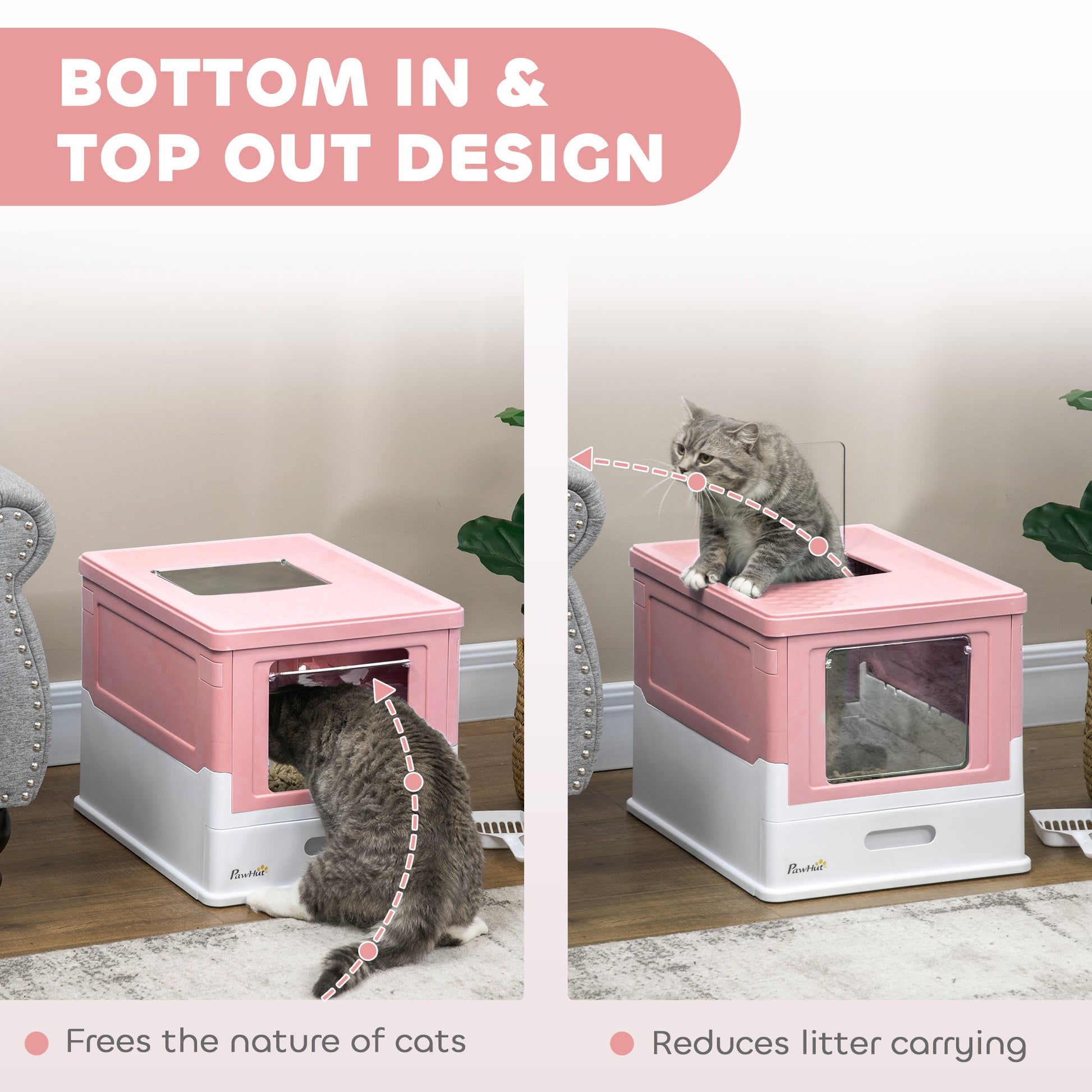 Cat Litter Tray with Hood Enclosed Cat Litter Box Pet Toilet w/ Lid, Scoop, Front Entry, 47.5 x 35.5 x 36.7cm - Pink