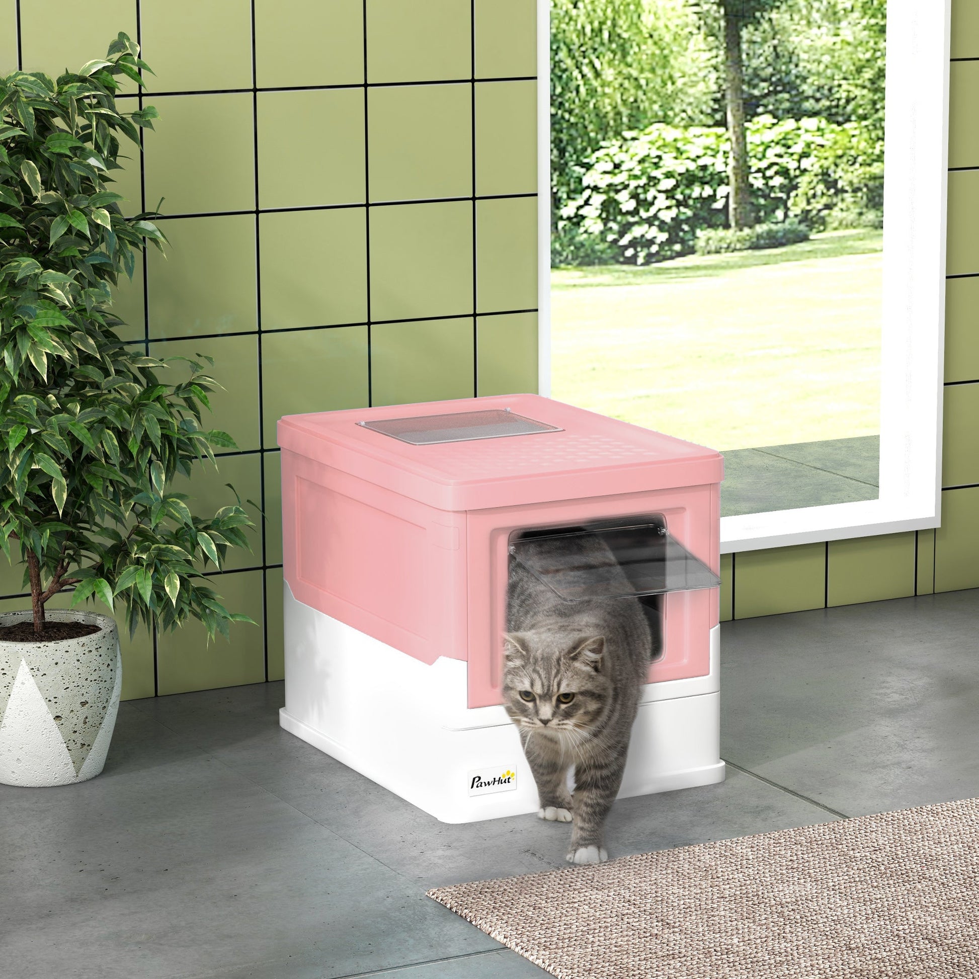 Cat Litter Tray with Hood Enclosed Cat Litter Box Pet Toilet w/ Lid, Scoop, Front Entry, 47.5 x 35.5 x 36.7cm - Pink
