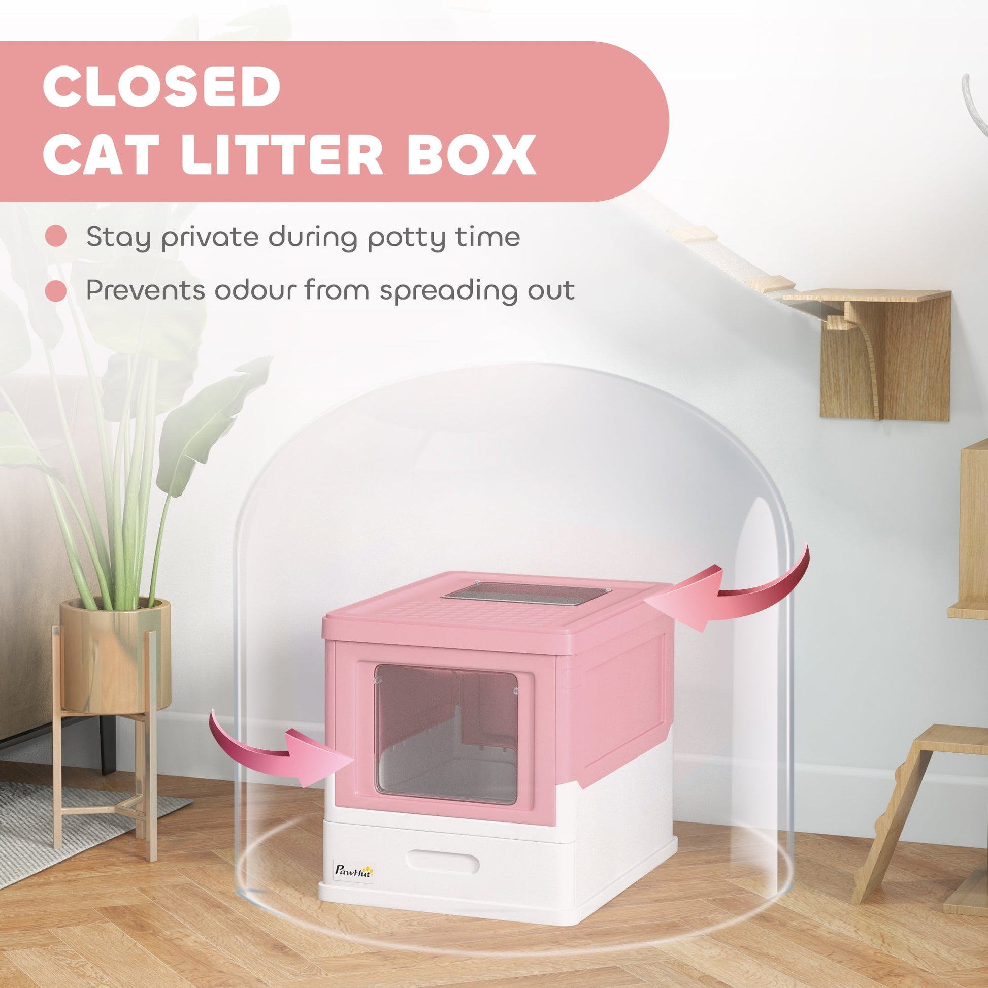 Cat Litter Tray with Hood Enclosed Cat Litter Box Pet Toilet w/ Lid, Scoop, Front Entry, 47.5 x 35.5 x 36.7cm - Pink