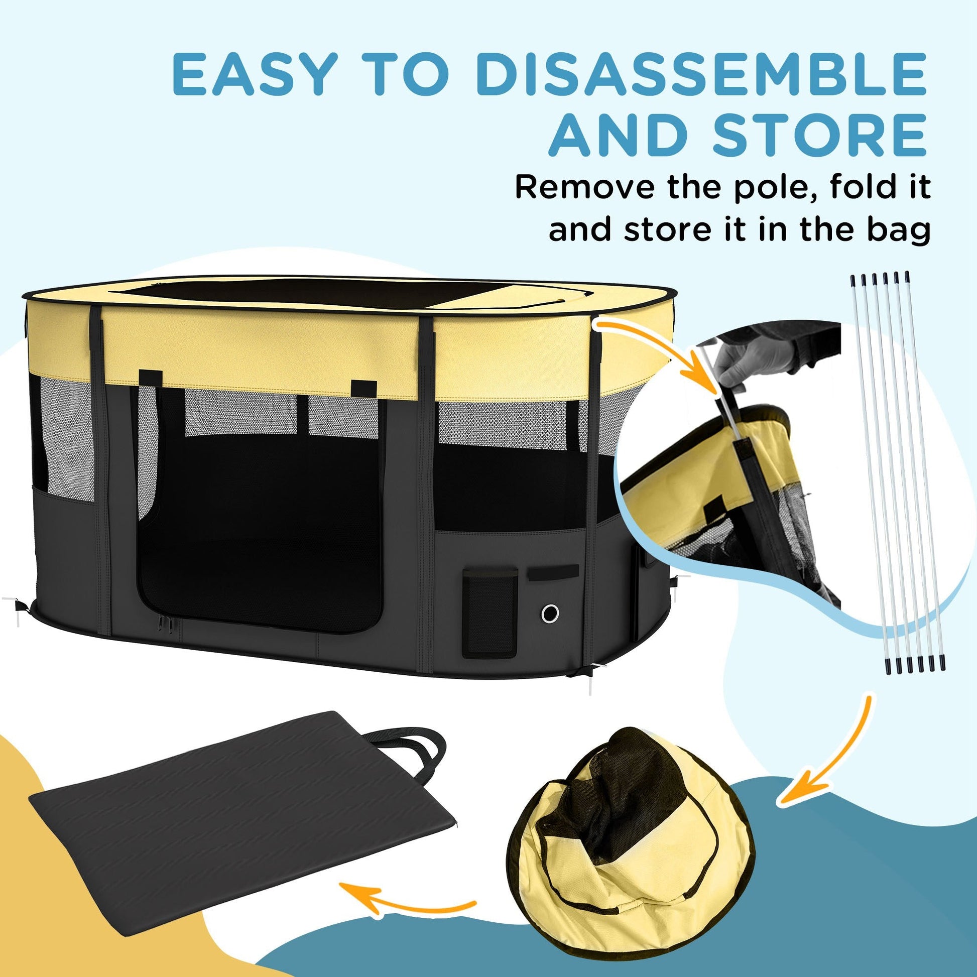 Dog Pen, Pet Playpen, Portable Foldable Dog Cat Playpen Soft Pet Cage with Storage Bag for Puppies, Rabbits, Kittens, Guinea Pigs, 114 x 89 x 59cm - Yellow