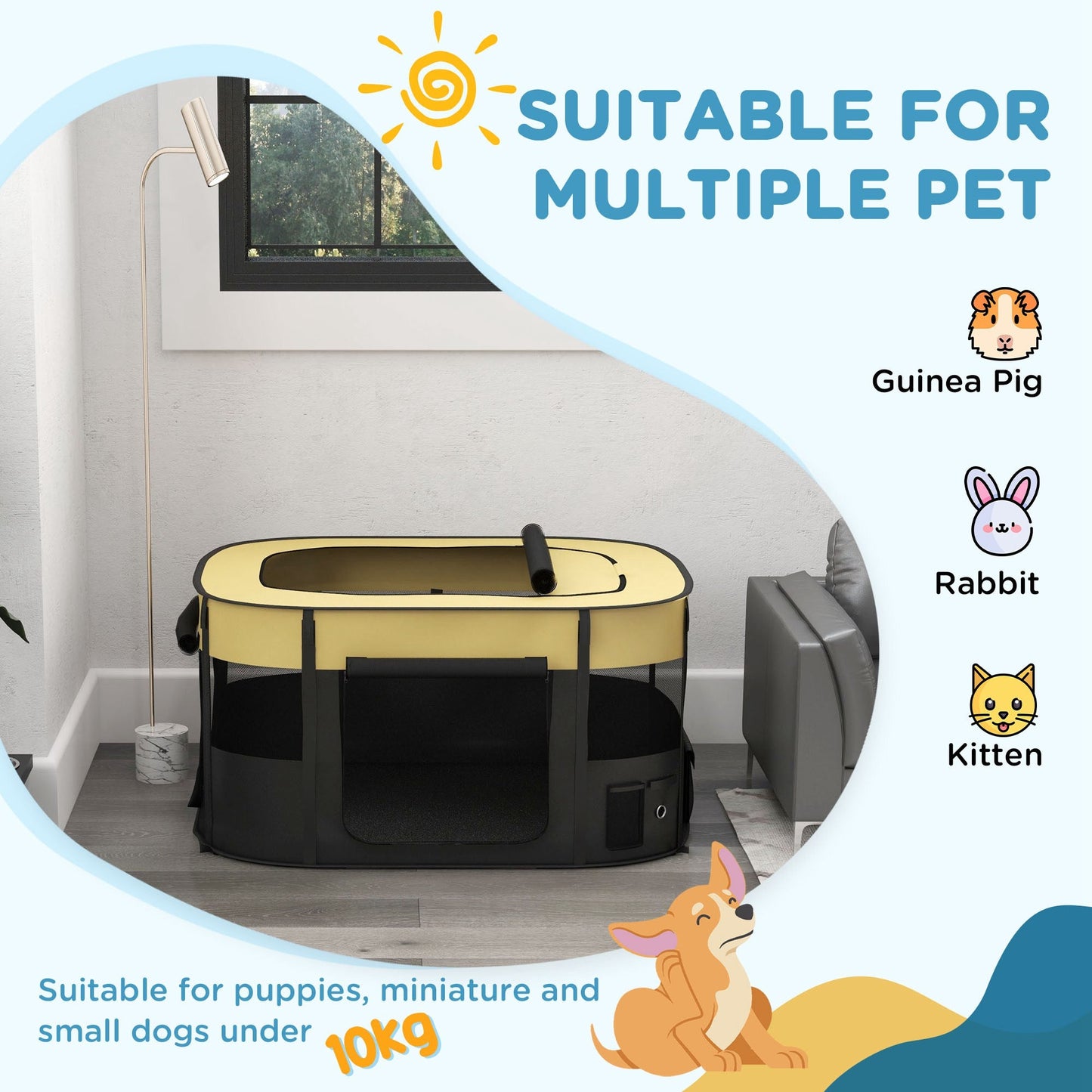 Dog Pen, Pet Playpen, Portable Foldable Dog Cat Playpen Soft Pet Cage with Storage Bag for Puppies, Rabbits, Kittens, Guinea Pigs, 114 x 89 x 59cm - Yellow