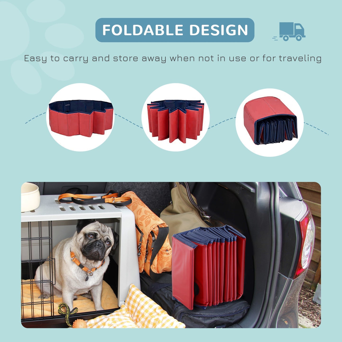 Foldable Dog Pool, 80 x 20 cm Pet Paddling Pool with Wood Board Support and Anti-Slip Bottom, Portable Doggy Paddling Pool for Garden and Outdoor Use, Red