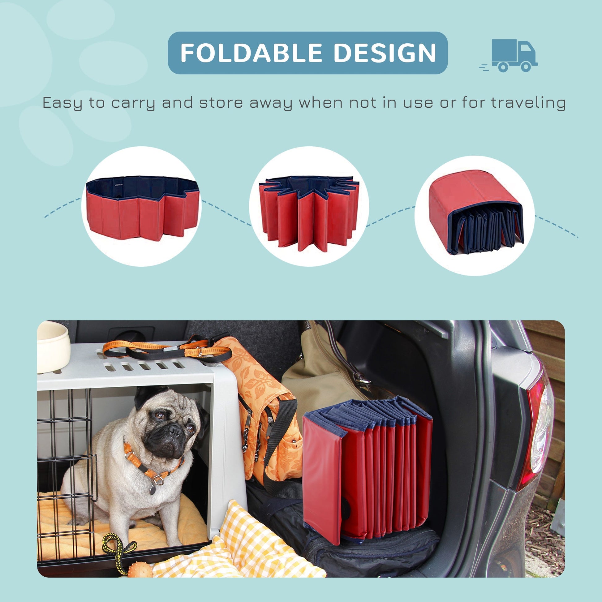 Foldable Dog Pool, 80 x 20 cm Pet Paddling Pool with Wood Board Support and Anti-Slip Bottom, Portable Doggy Paddling Pool for Garden and Outdoor Use, Red