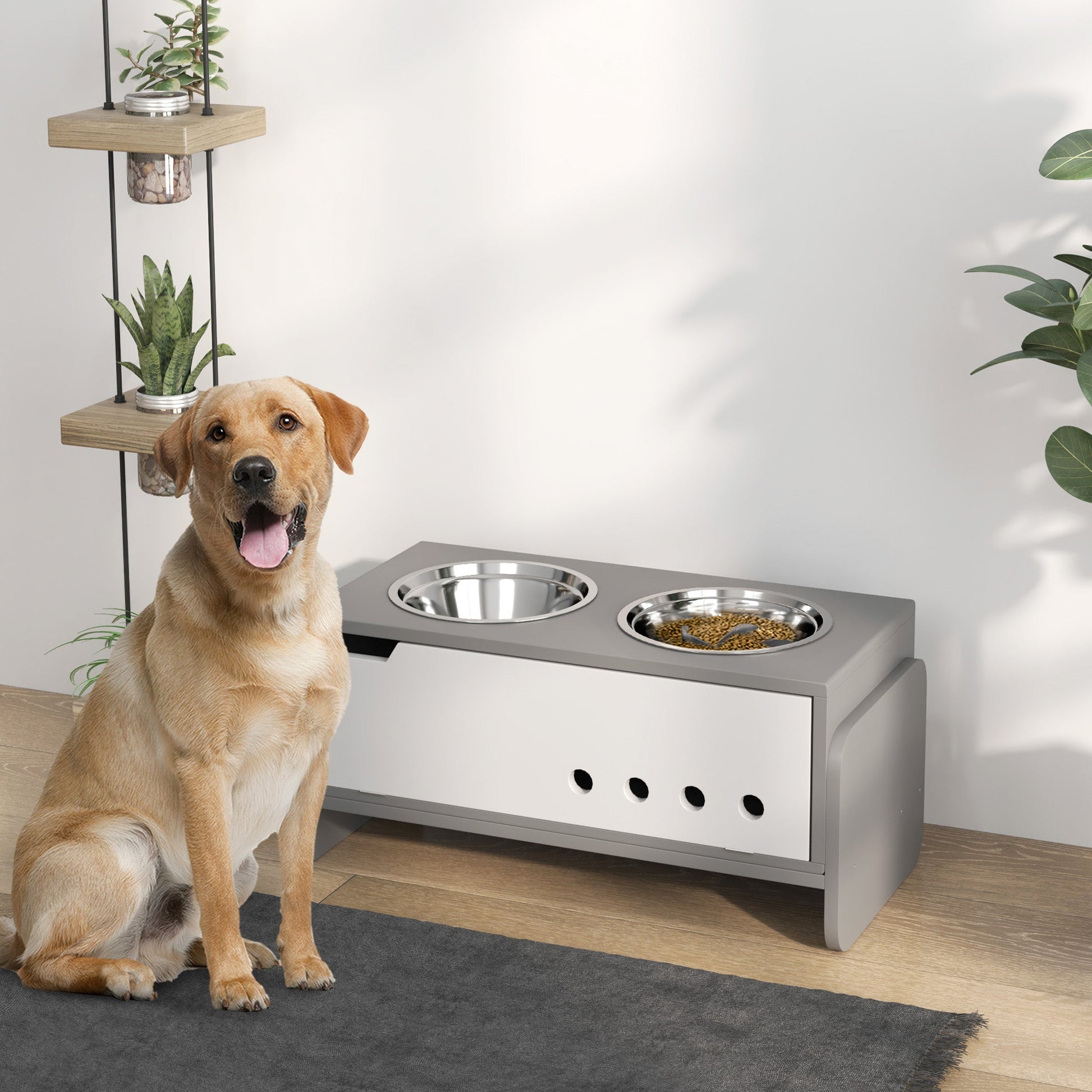 Raised Dog Bowls with Stand, 3 Height Adjustable Dog Feeding Storage Station with Slow Feeder Mat, 2 x 2000mL Stainless Steel Bowls for Medium to Extra Large Dogs - Grey