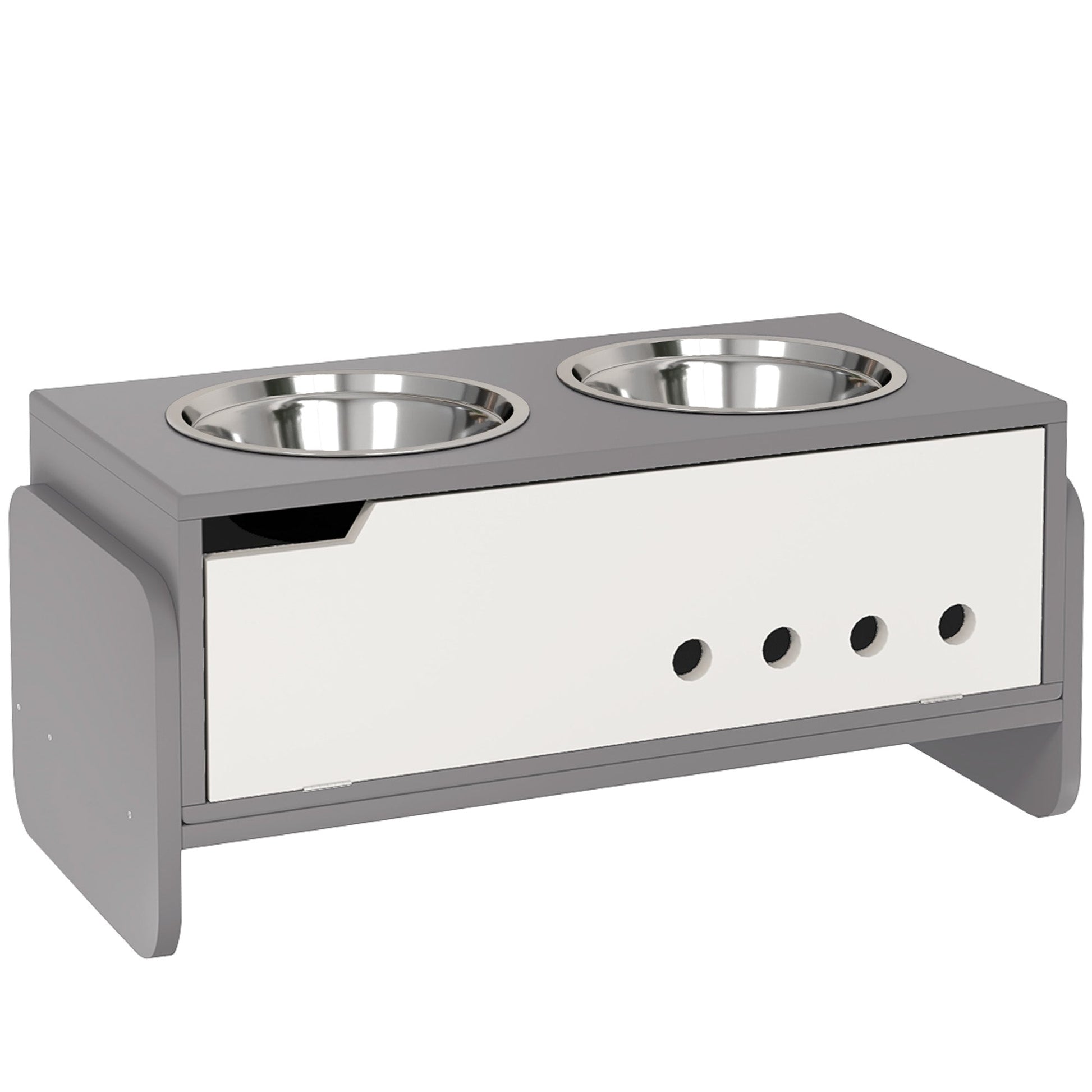 Raised Dog Bowls with Stand, 3 Height Adjustable Dog Feeding Storage Station with Slow Feeder Mat, 2 x 2000mL Stainless Steel Bowls for Medium to Extra Large Dogs - Grey