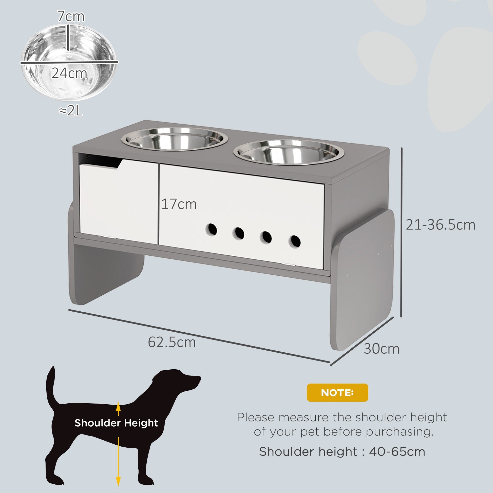 Raised Dog Bowls with Stand, 3 Height Adjustable Dog Feeding Storage Station with Slow Feeder Mat, 2 x 2000mL Stainless Steel Bowls for Medium to Extra Large Dogs - Grey
