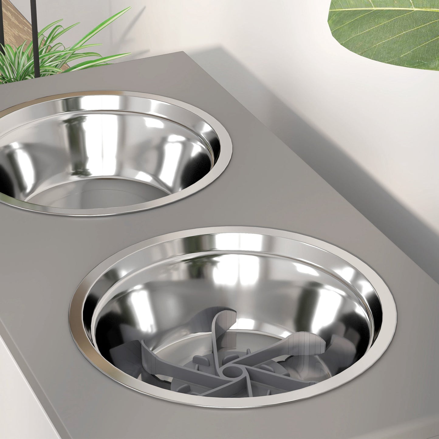 Raised Dog Bowls with Stand, 3 Height Adjustable Dog Feeding Storage Station with Slow Feeder Mat, 2 x 2000mL Stainless Steel Bowls for Medium to Extra Large Dogs - Grey