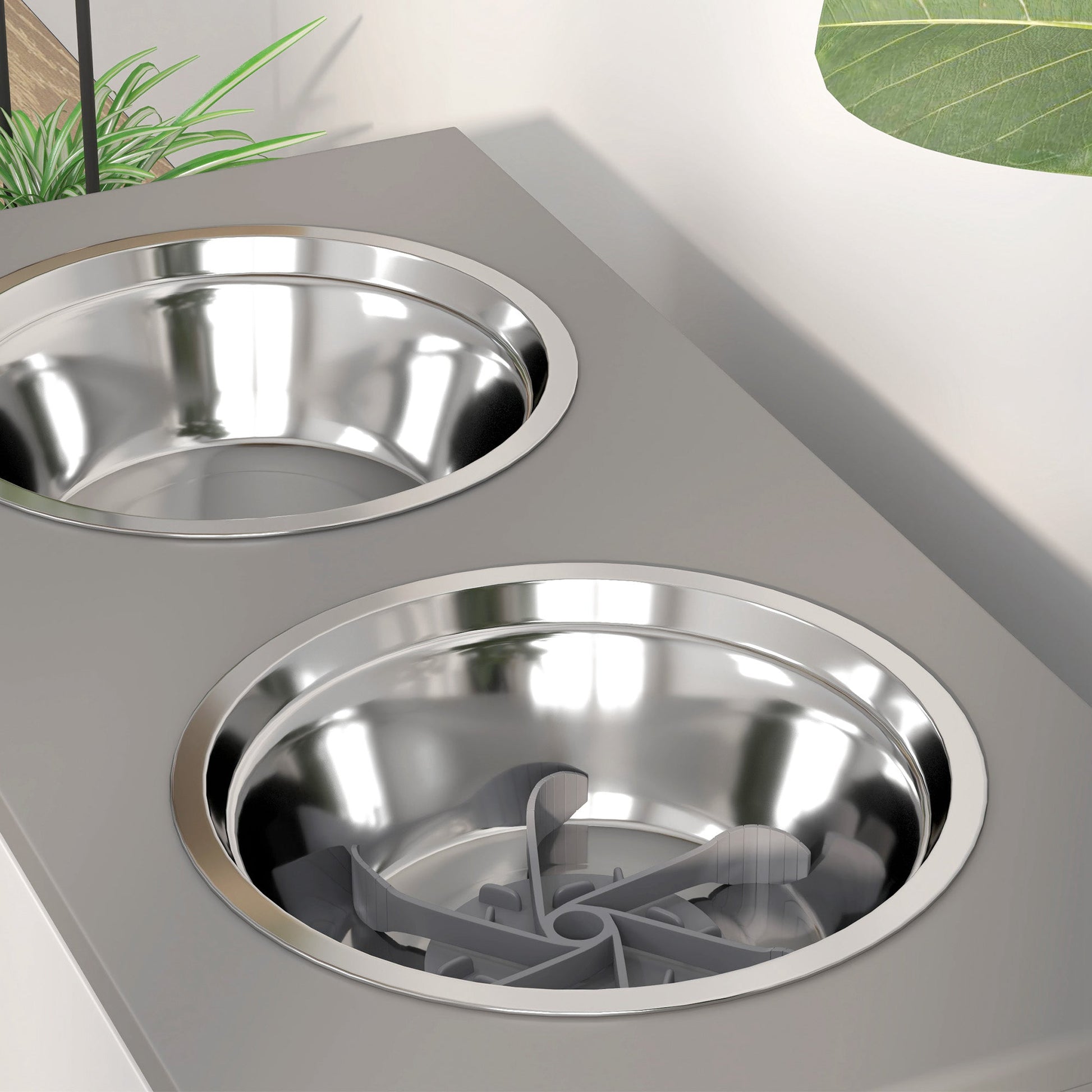 Raised Dog Bowls with Stand, 3 Height Adjustable Dog Feeding Storage Station with Slow Feeder Mat, 2 x 2000mL Stainless Steel Bowls for Medium to Extra Large Dogs - Grey