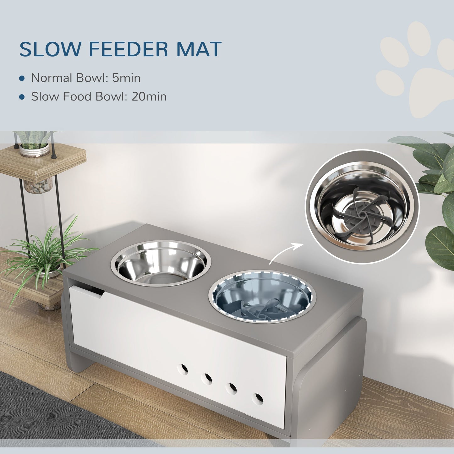 Raised Dog Bowls with Stand, 3 Height Adjustable Dog Feeding Storage Station with Slow Feeder Mat, 2 x 2000mL Stainless Steel Bowls for Medium to Extra Large Dogs - Grey