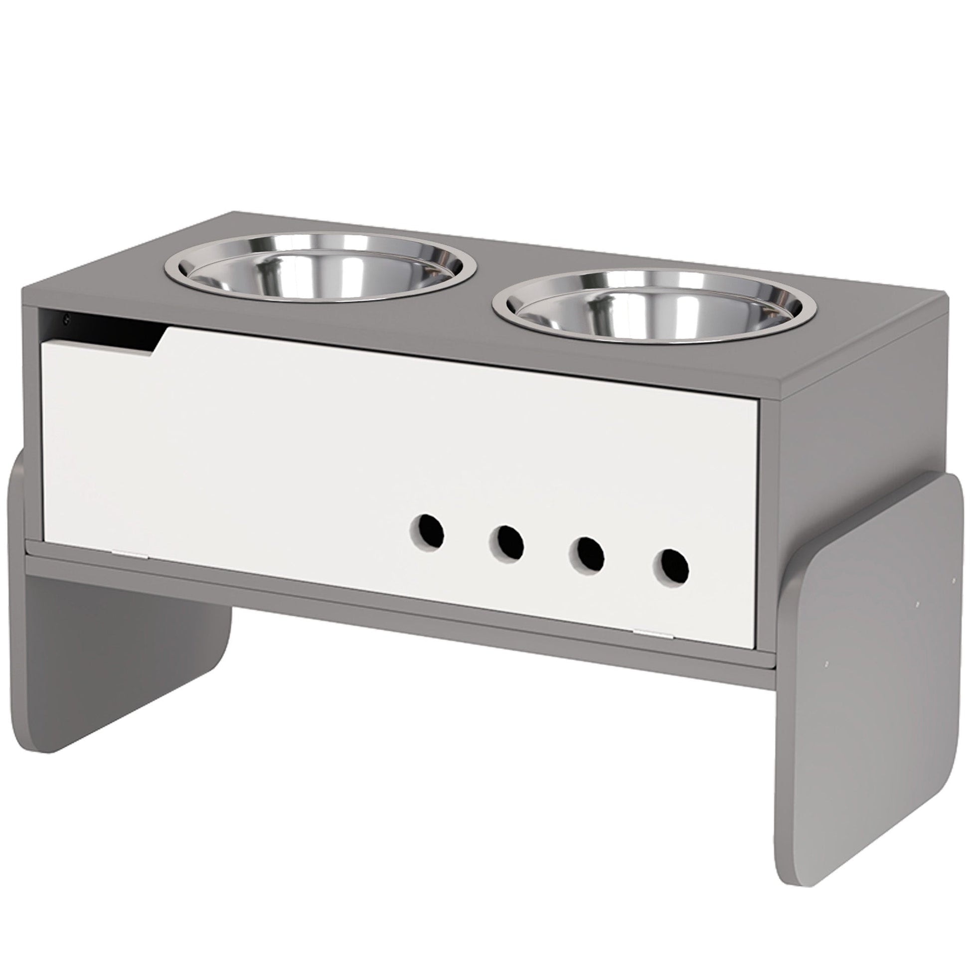 Raised Dog Bowls with Stand, 3 Height Adjustable Dog Feeding Storage Station with Slow Feeder Mat, 2 x 2000mL Stainless Steel Bowls for Medium to Extra Large Dogs - Grey