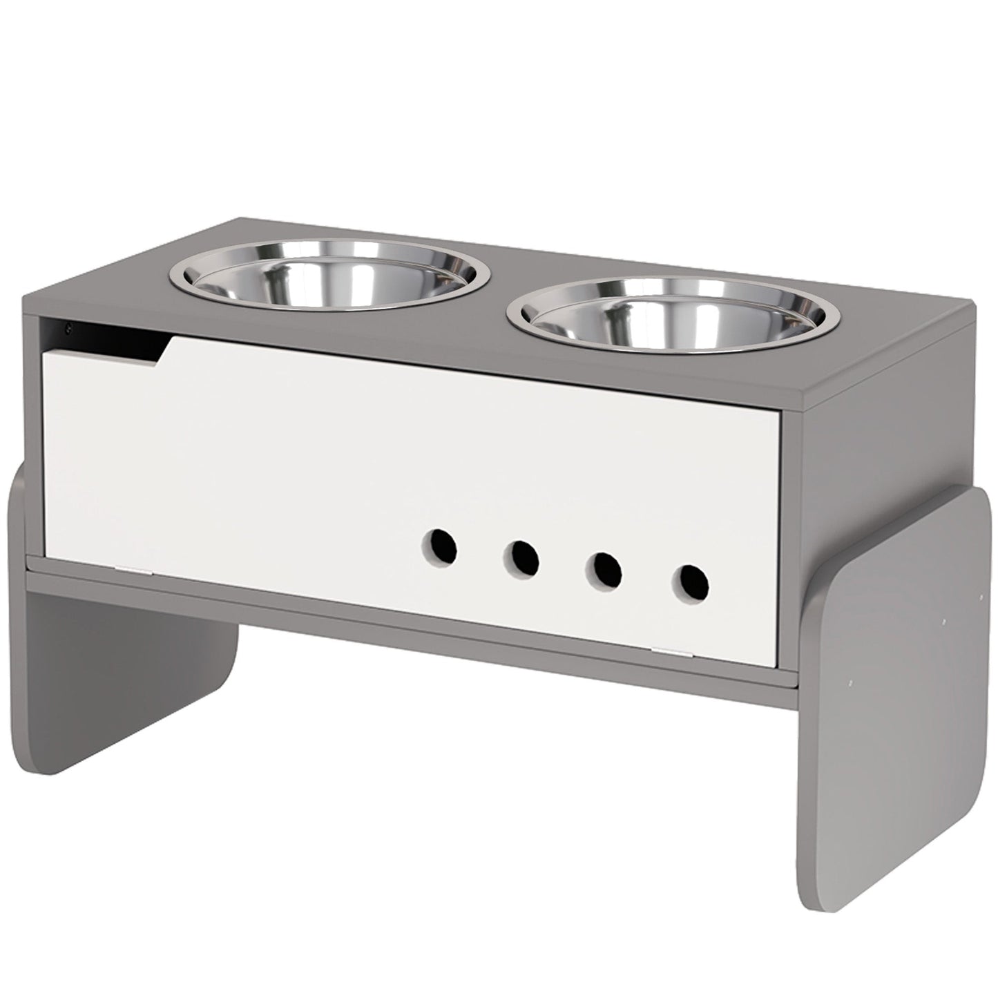 Raised Dog Bowls with Stand, 3 Height Adjustable Dog Feeding Storage Station with Slow Feeder Mat, 2 x 2000mL Stainless Steel Bowls for Medium to Extra Large Dogs - Grey