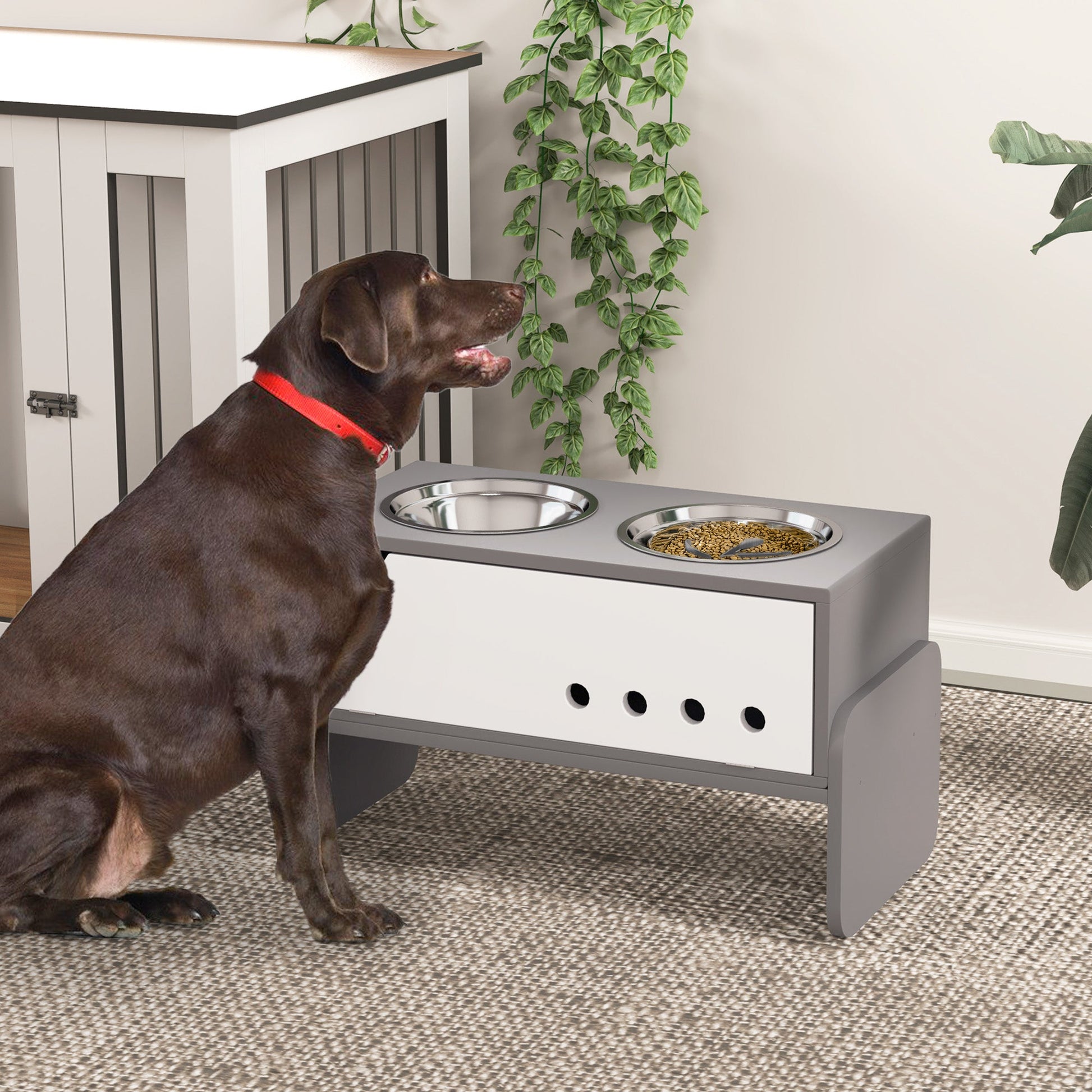 Raised Dog Bowls with Stand, 3 Height Adjustable Dog Feeding Storage Station with Slow Feeder Mat, 2 x 2000mL Stainless Steel Bowls for Medium to Extra Large Dogs - Grey