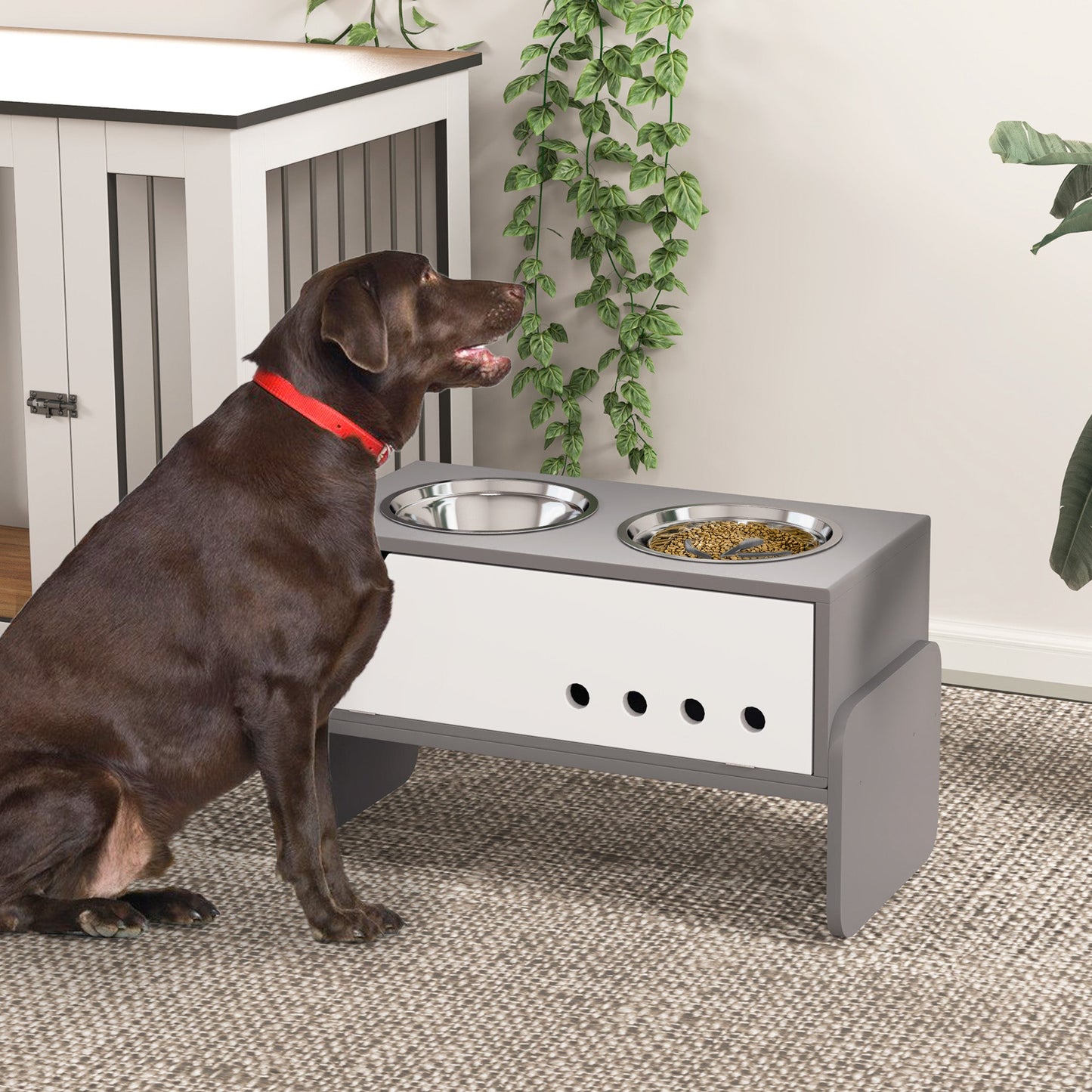 Raised Dog Bowls with Stand, 3 Height Adjustable Dog Feeding Storage Station with Slow Feeder Mat, 2 x 2000mL Stainless Steel Bowls for Medium to Extra Large Dogs - Grey
