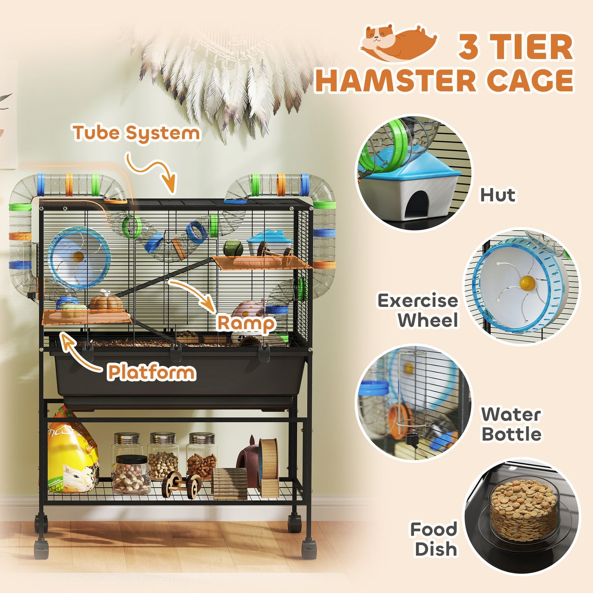 Hamster Cage, 3 Tier Large Gerbil Cage on Wheels with 17 cm Deep Tray, Storage Shelf, Big Exercise Wheel, Tube System, Hut, Platforms, Ramps, Food Dish, Water Bottle, for Syrian Hamsters, Rats