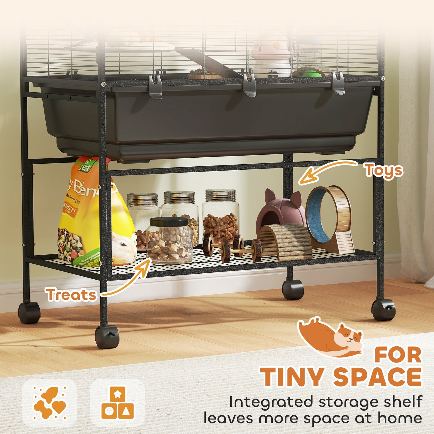 Hamster Cage, 3 Tier Large Gerbil Cage on Wheels with 17 cm Deep Tray, Storage Shelf, Big Exercise Wheel, Tube System, Hut, Platforms, Ramps, Food Dish, Water Bottle, for Syrian Hamsters, Rats