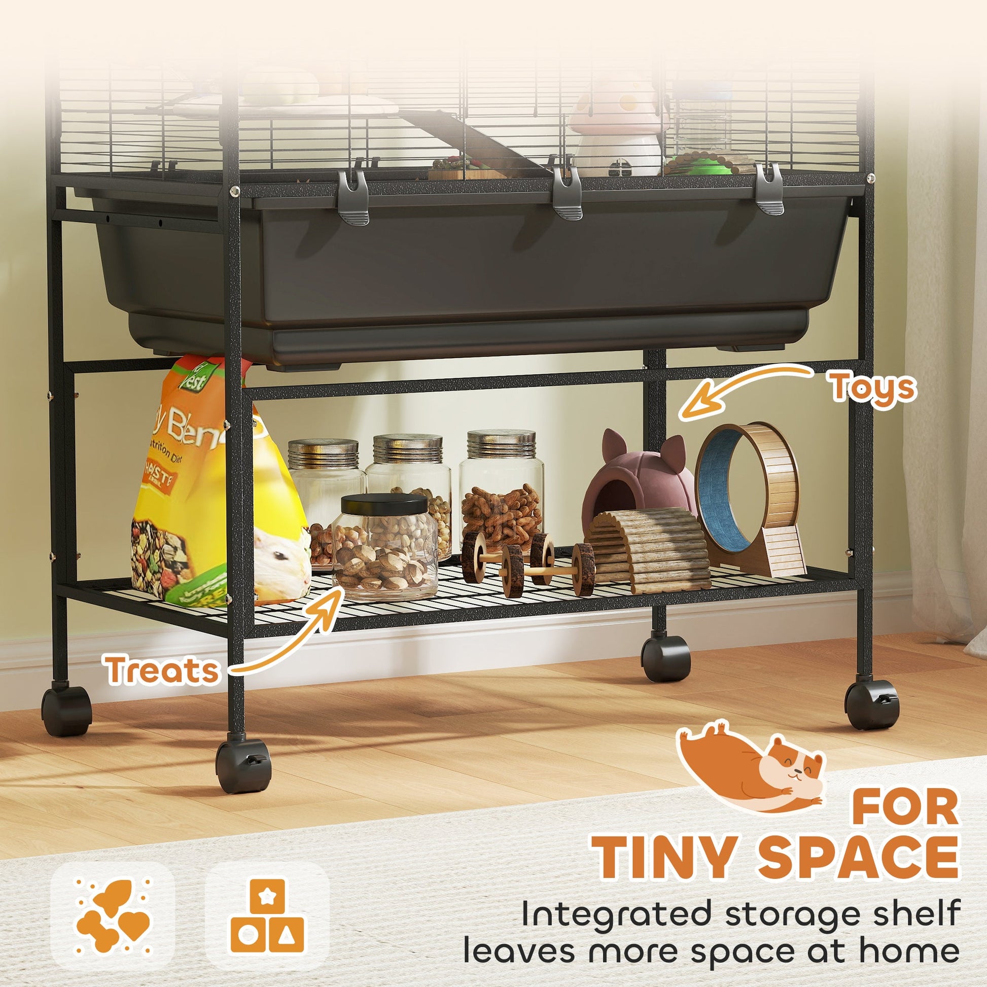 Hamster Cage, 3 Tier Large Gerbil Cage on Wheels with 17 cm Deep Tray, Storage Shelf, Big Exercise Wheel, Tube System, Hut, Platforms, Ramps, Food Dish, Water Bottle, for Syrian Hamsters, Rats