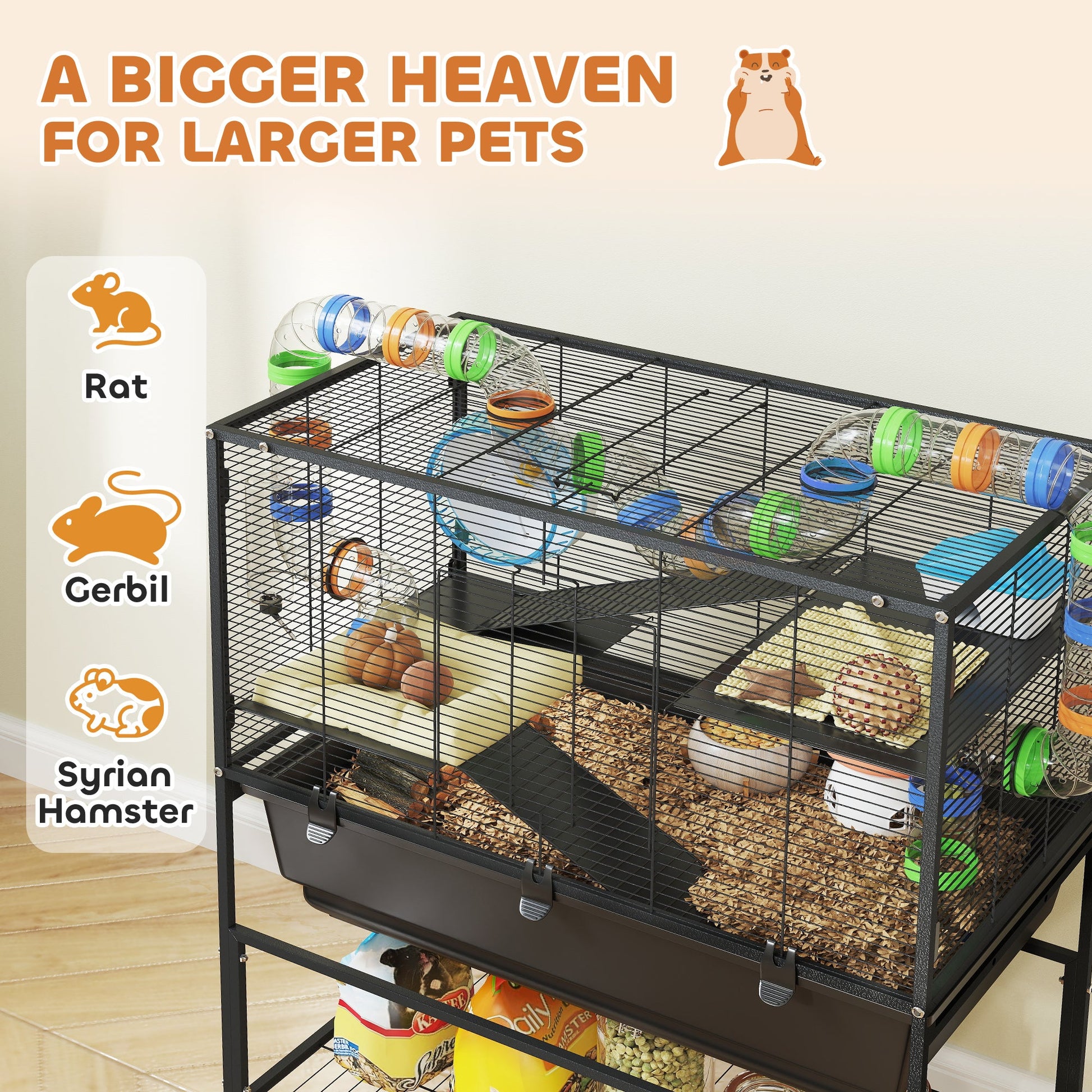 Hamster Cage, 3 Tier Large Gerbil Cage on Wheels with 17 cm Deep Tray, Storage Shelf, Big Exercise Wheel, Tube System, Hut, Platforms, Ramps, Food Dish, Water Bottle, for Syrian Hamsters, Rats