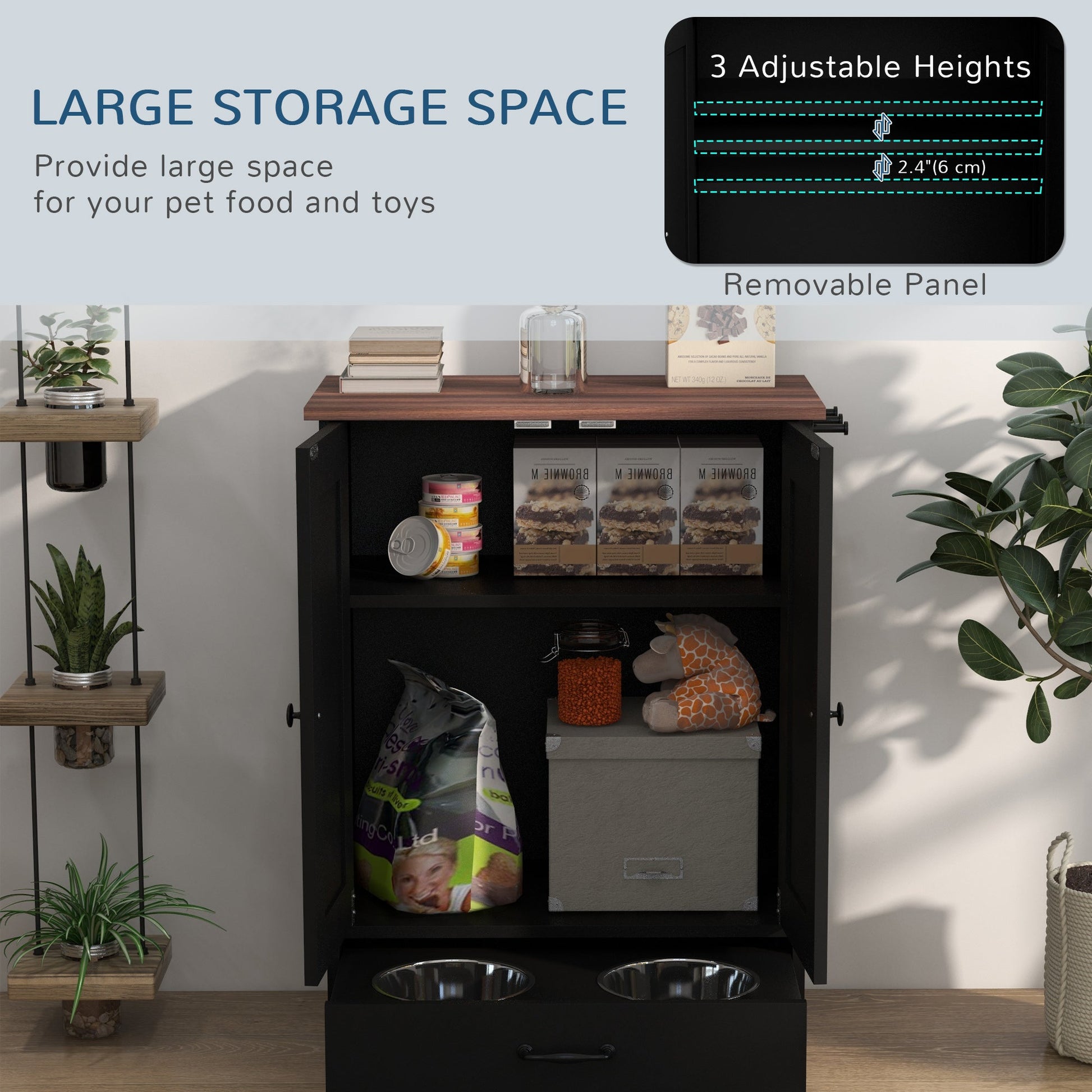 Pet Feeding Station with Storage, Dog Feeding Station with Raised Dog Bowls, Adjustable Panel, Hooks, Pet Food Storage Cabinet, Black