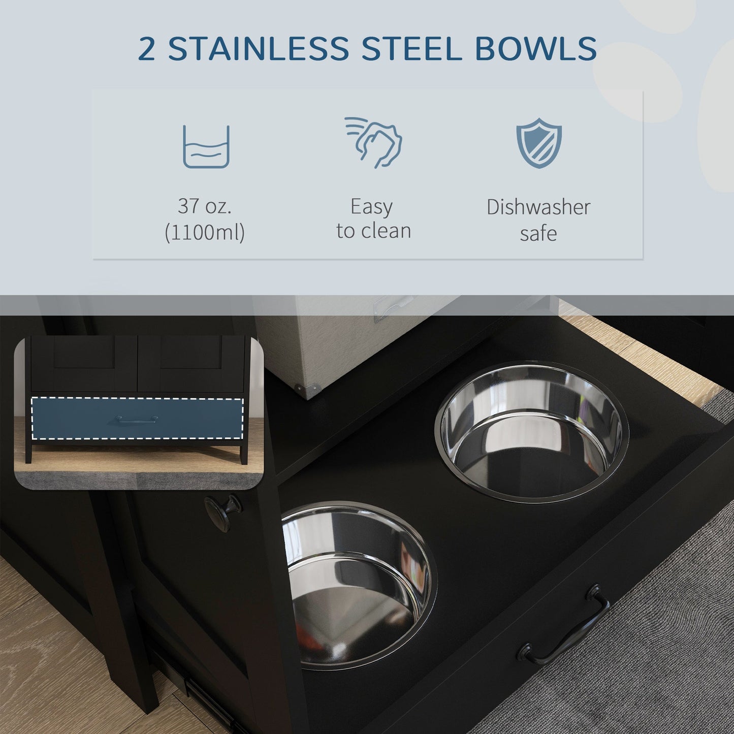 Pet Feeding Station with Storage, Dog Feeding Station with Raised Dog Bowls, Adjustable Panel, Hooks, Pet Food Storage Cabinet, Black