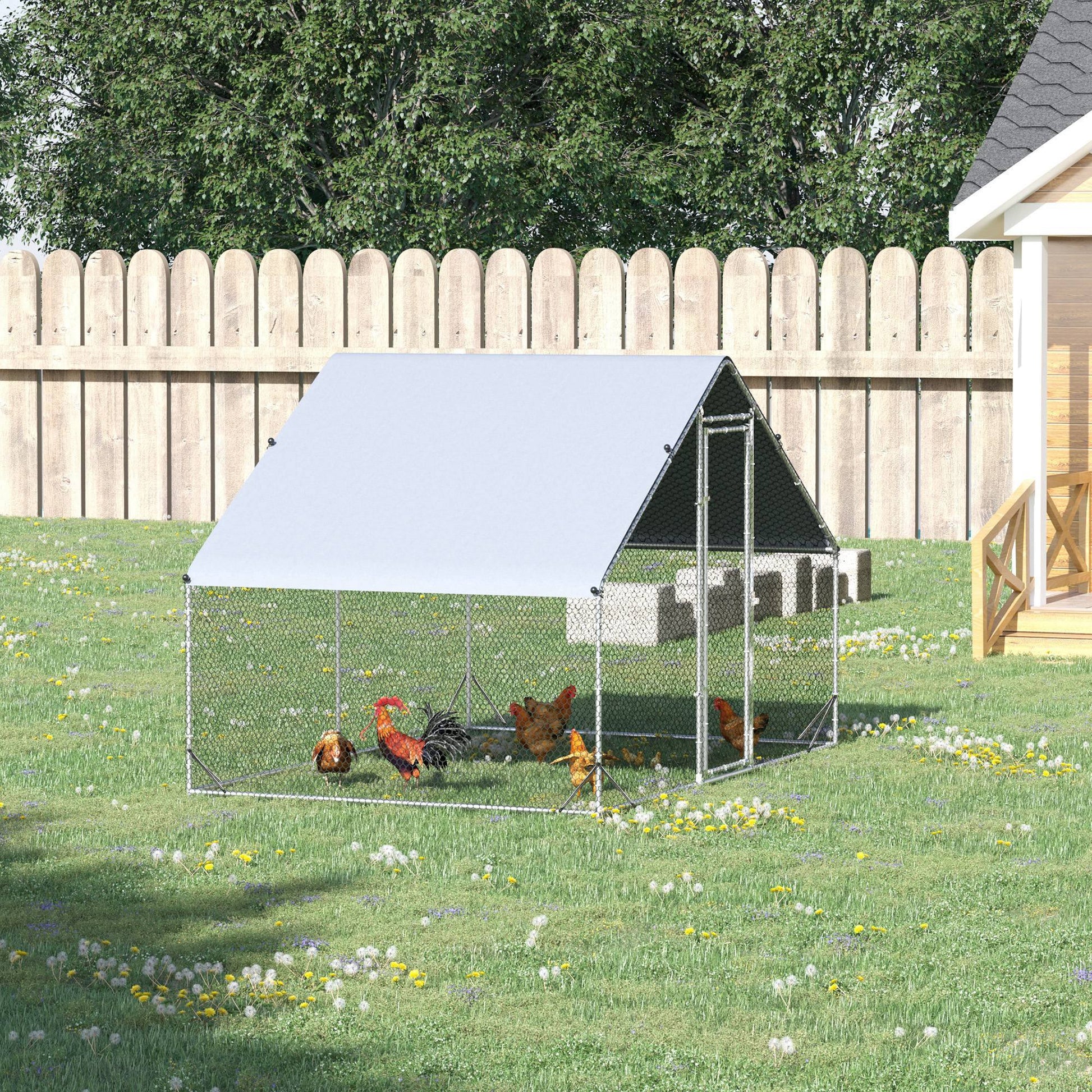 Chicken Run Galvanised Walk-in Chicken Coop Hen Poultry House Cage Rabbit Hutch Pet Playpen Garden w/ Water-Resist Cover, 3 x 2 x 2m