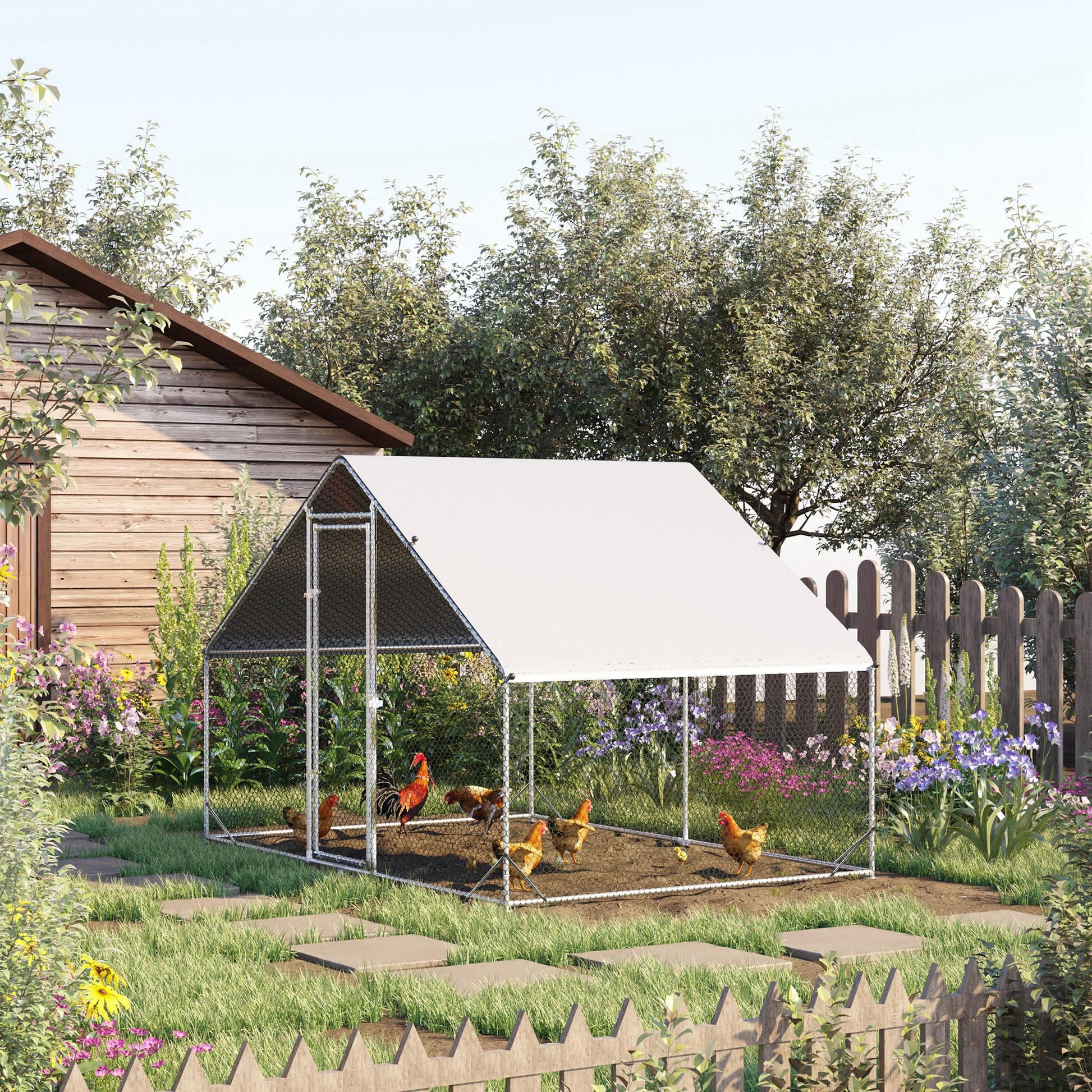 Chicken Run Galvanised Walk-in Chicken Coop Hen Poultry House Cage Rabbit Hutch Pet Playpen Garden w/ Water-Resist Cover, 3 x 2 x 2m