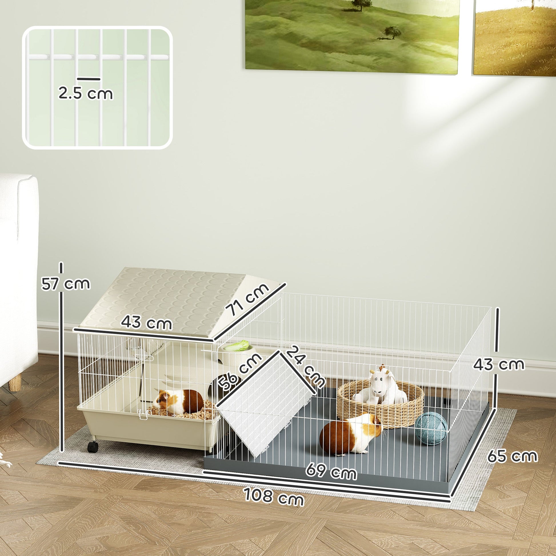Guinea Pig Cage with Removable Pet Playpen, Waterproof Pad, Hay Feeder, Water Bottle, Food Dish, Hideaway, Balcony, Soft-Covered Ramp, Wheels, Small Animal Cage for Guinea Pig, Hedgehog