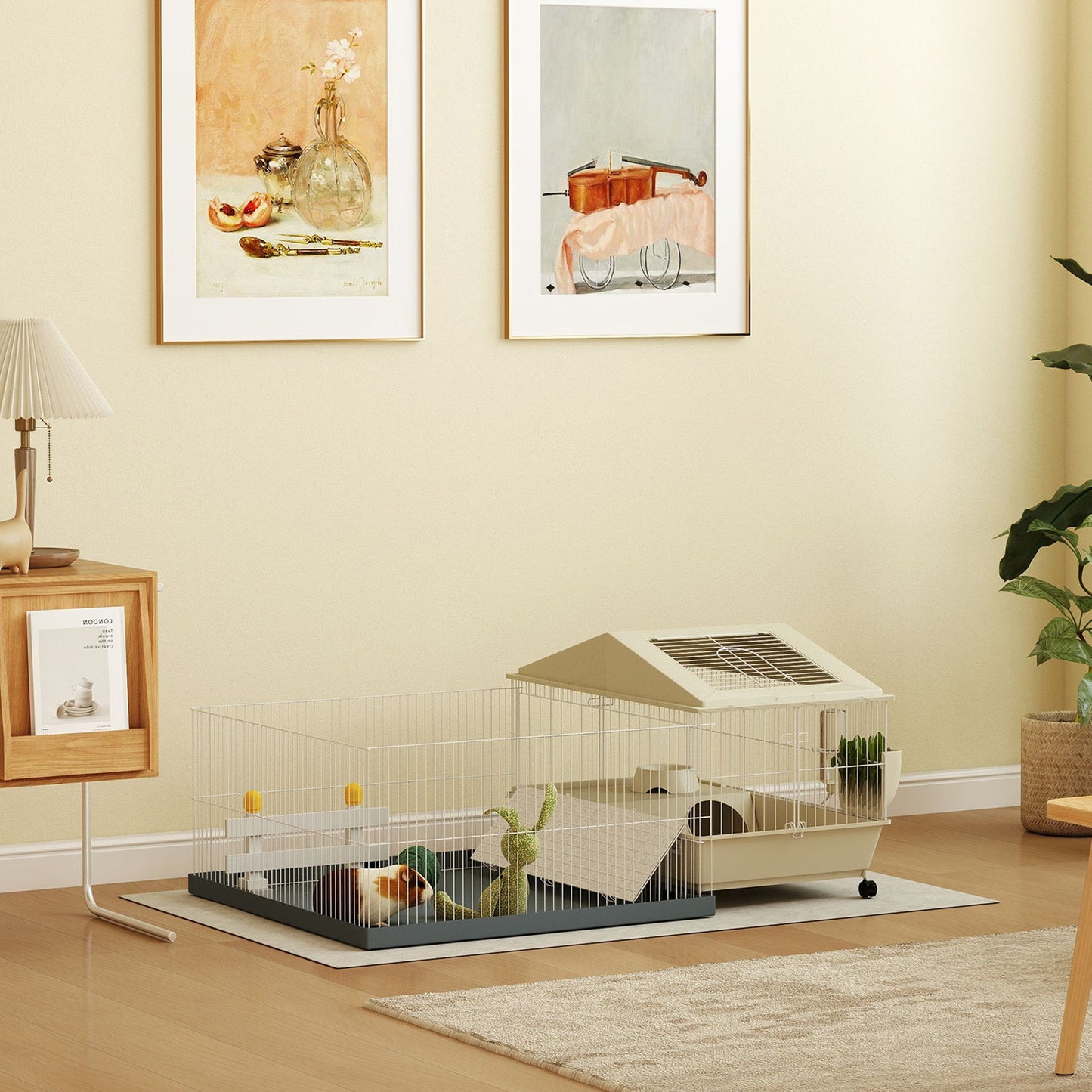 Guinea Pig Cage with Removable Pet Playpen, Waterproof Pad, Hay Feeder, Water Bottle, Food Dish, Hideaway, Balcony, Soft-Covered Ramp, Wheels, Small Animal Cage for Guinea Pig, Hedgehog