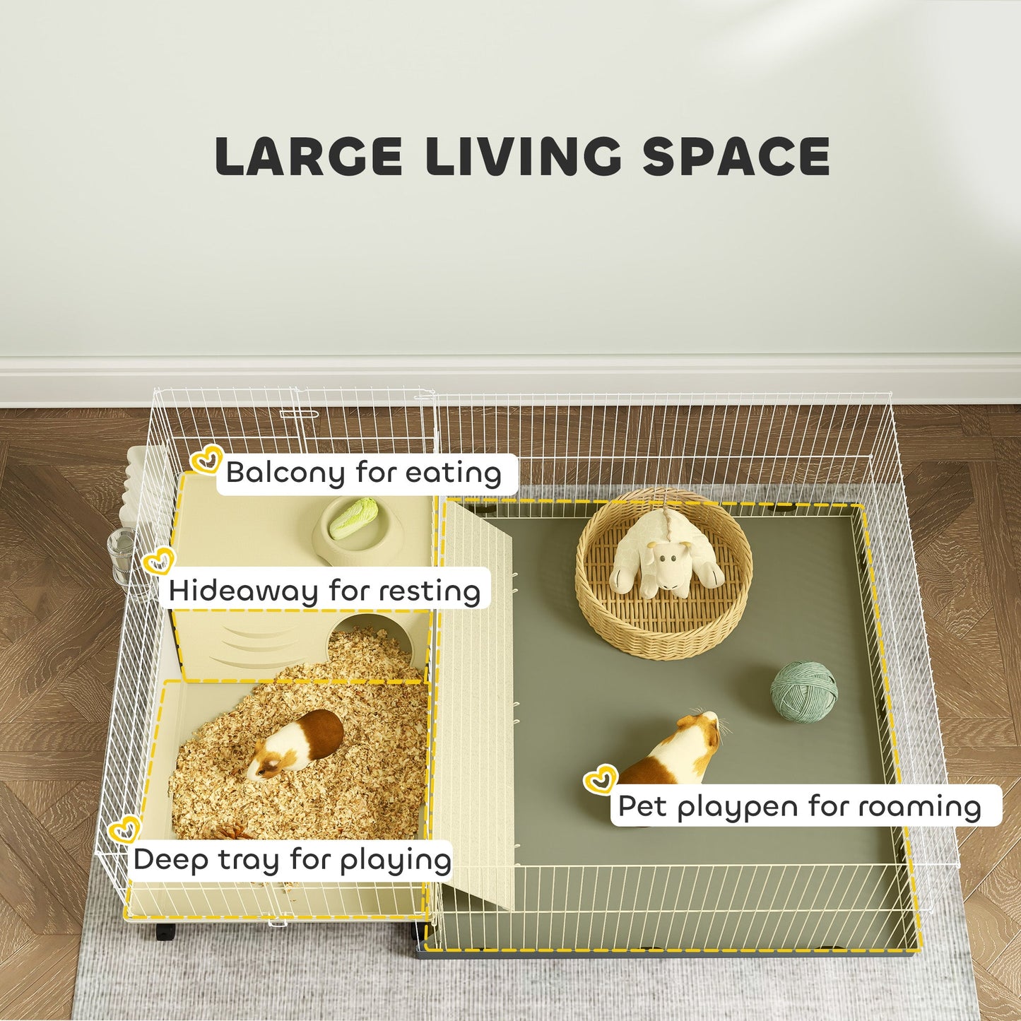 Guinea Pig Cage with Removable Pet Playpen, Waterproof Pad, Hay Feeder, Water Bottle, Food Dish, Hideaway, Balcony, Soft-Covered Ramp, Wheels, Small Animal Cage for Guinea Pig, Hedgehog