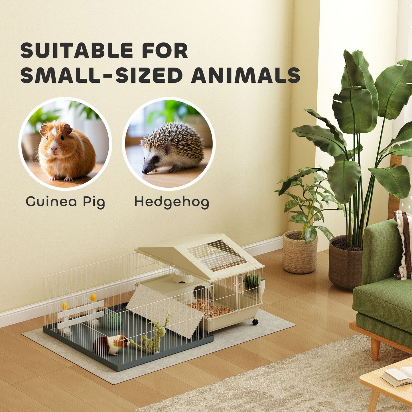 Guinea Pig Cage with Removable Pet Playpen, Waterproof Pad, Hay Feeder, Water Bottle, Food Dish, Hideaway, Balcony, Soft-Covered Ramp, Wheels, Small Animal Cage for Guinea Pig, Hedgehog