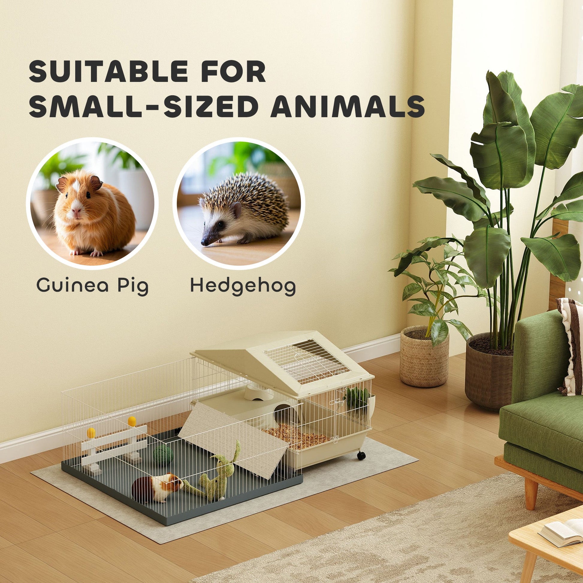 Guinea Pig Cage with Removable Pet Playpen, Waterproof Pad, Hay Feeder, Water Bottle, Food Dish, Hideaway, Balcony, Soft-Covered Ramp, Wheels, Small Animal Cage for Guinea Pig, Hedgehog