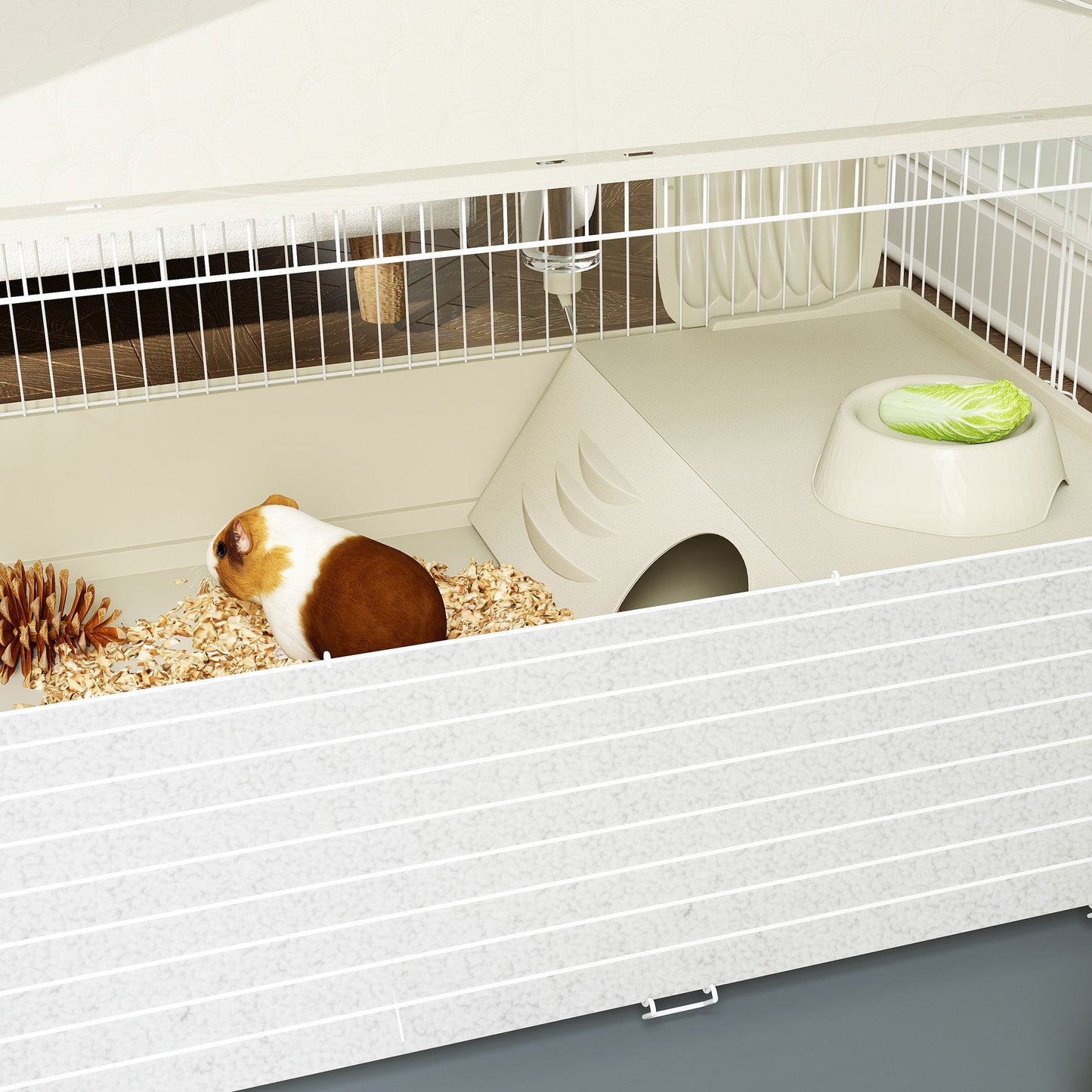 Guinea Pig Cage with Removable Pet Playpen, Waterproof Pad, Hay Feeder, Water Bottle, Food Dish, Hideaway, Balcony, Soft-Covered Ramp, Wheels, Small Animal Cage for Guinea Pig, Hedgehog