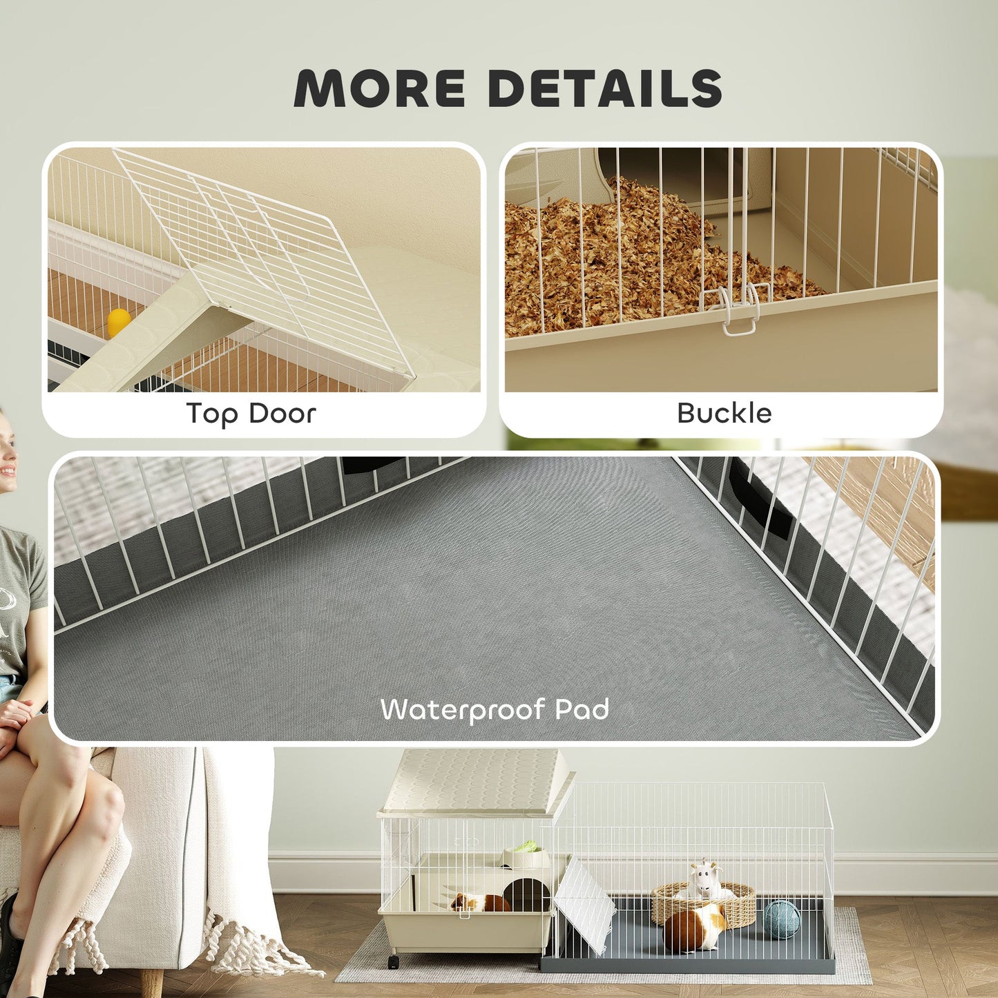 Guinea Pig Cage with Removable Pet Playpen, Waterproof Pad, Hay Feeder, Water Bottle, Food Dish, Hideaway, Balcony, Soft-Covered Ramp, Wheels, Small Animal Cage for Guinea Pig, Hedgehog