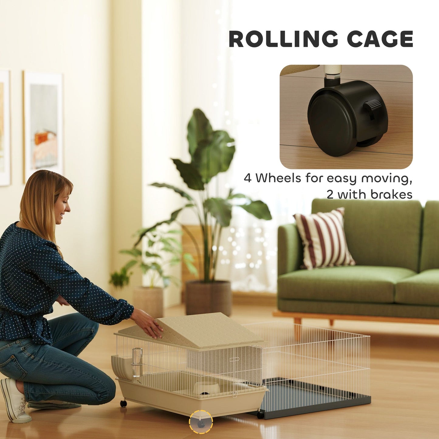 Guinea Pig Cage with Removable Pet Playpen, Waterproof Pad, Hay Feeder, Water Bottle, Food Dish, Hideaway, Balcony, Soft-Covered Ramp, Wheels, Small Animal Cage for Guinea Pig, Hedgehog