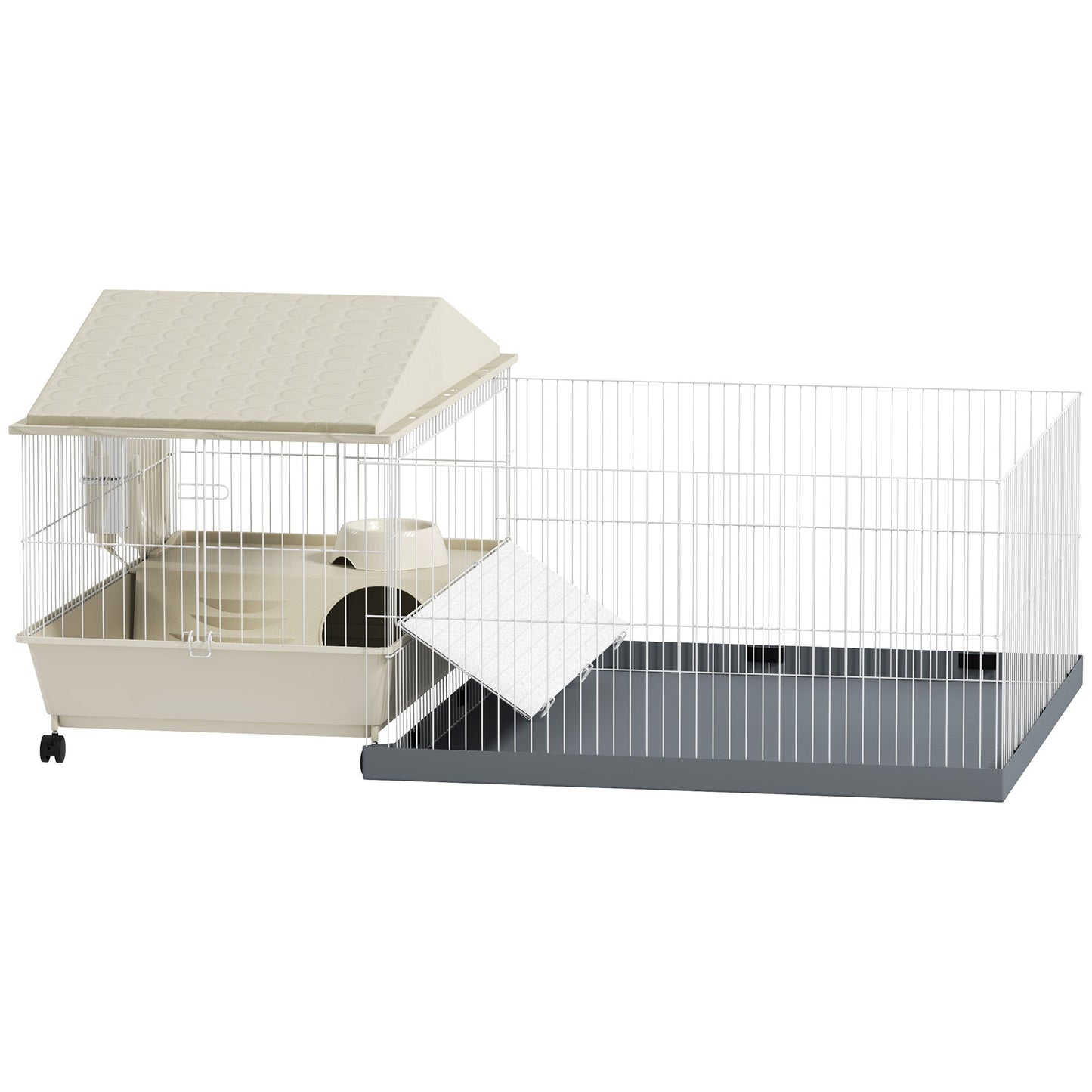 Guinea Pig Cage with Removable Pet Playpen, Waterproof Pad, Hay Feeder, Water Bottle, Food Dish, Hideaway, Balcony, Soft-Covered Ramp, Wheels, Small Animal Cage for Guinea Pig, Hedgehog