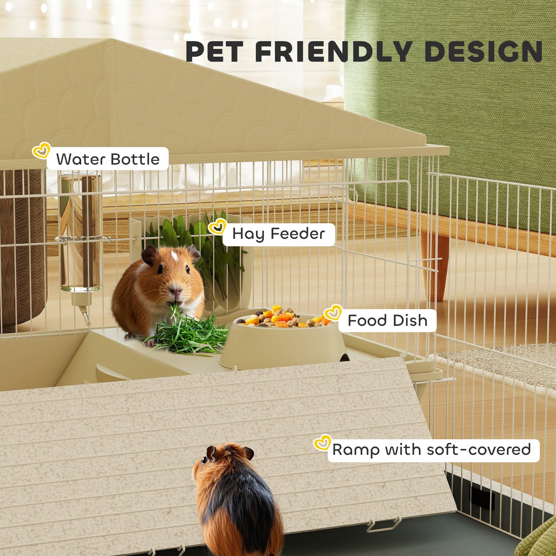 Guinea Pig Cage with Removable Pet Playpen, Waterproof Pad, Hay Feeder, Water Bottle, Food Dish, Hideaway, Balcony, Soft-Covered Ramp, Wheels, Small Animal Cage for Guinea Pig, Hedgehog