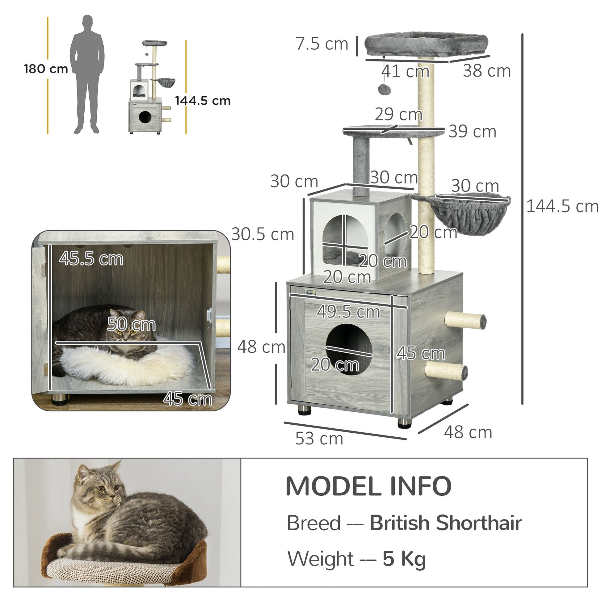 Cat Tower with Litter Box Enclosure, Cat Tree for Indoor Cats with Cat House, Scratching Post, Hammock, Grey