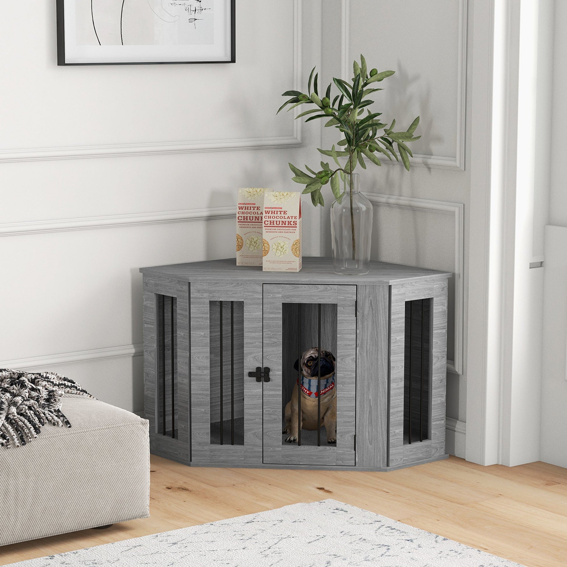 2 in 1 Dog Crate Furniture, Side Table Dog Kennel with Cushion, Large Door, for Medium Dogs - Grey