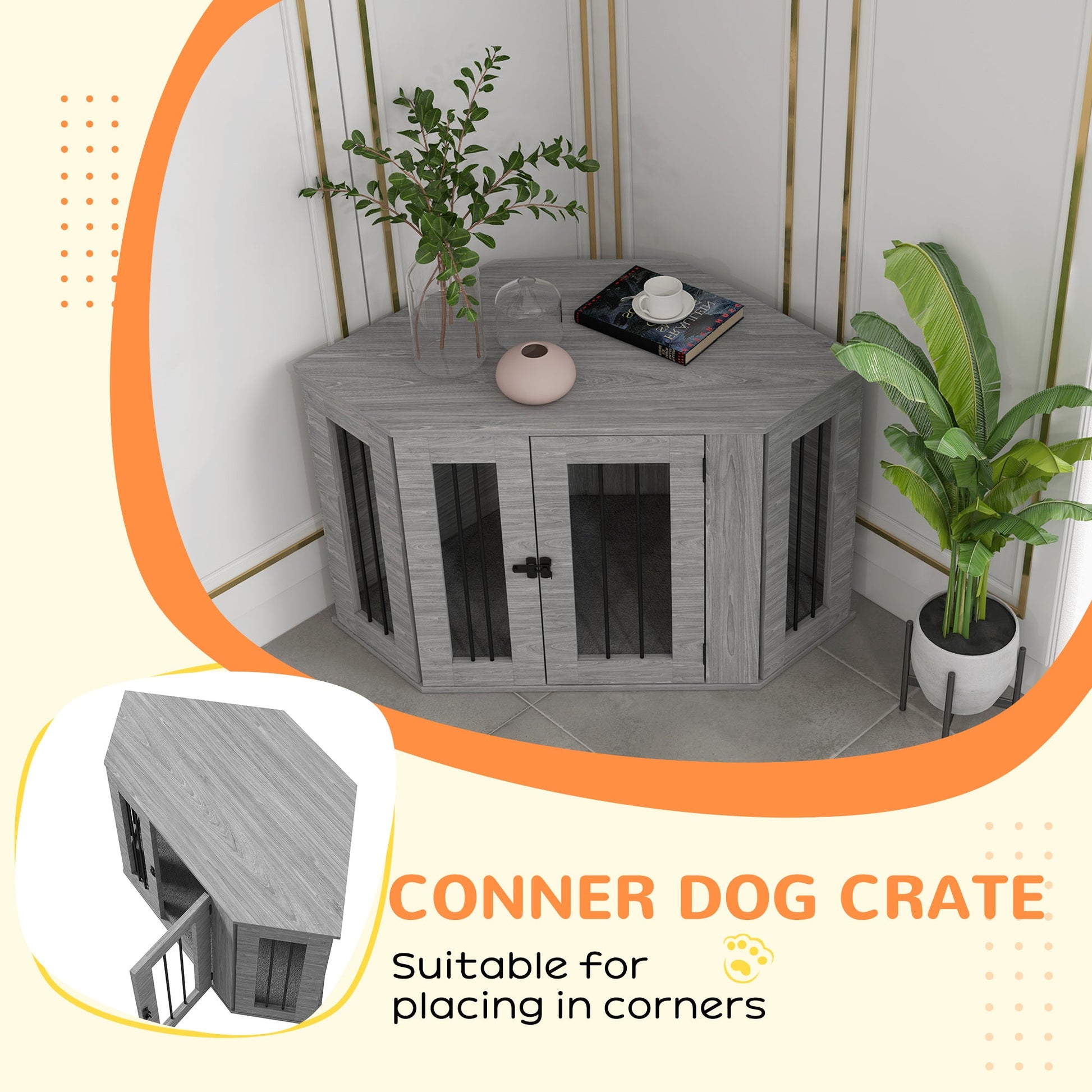 2 in 1 Dog Crate Furniture, Side Table Dog Kennel with Cushion, Large Door, for Medium Dogs - Grey
