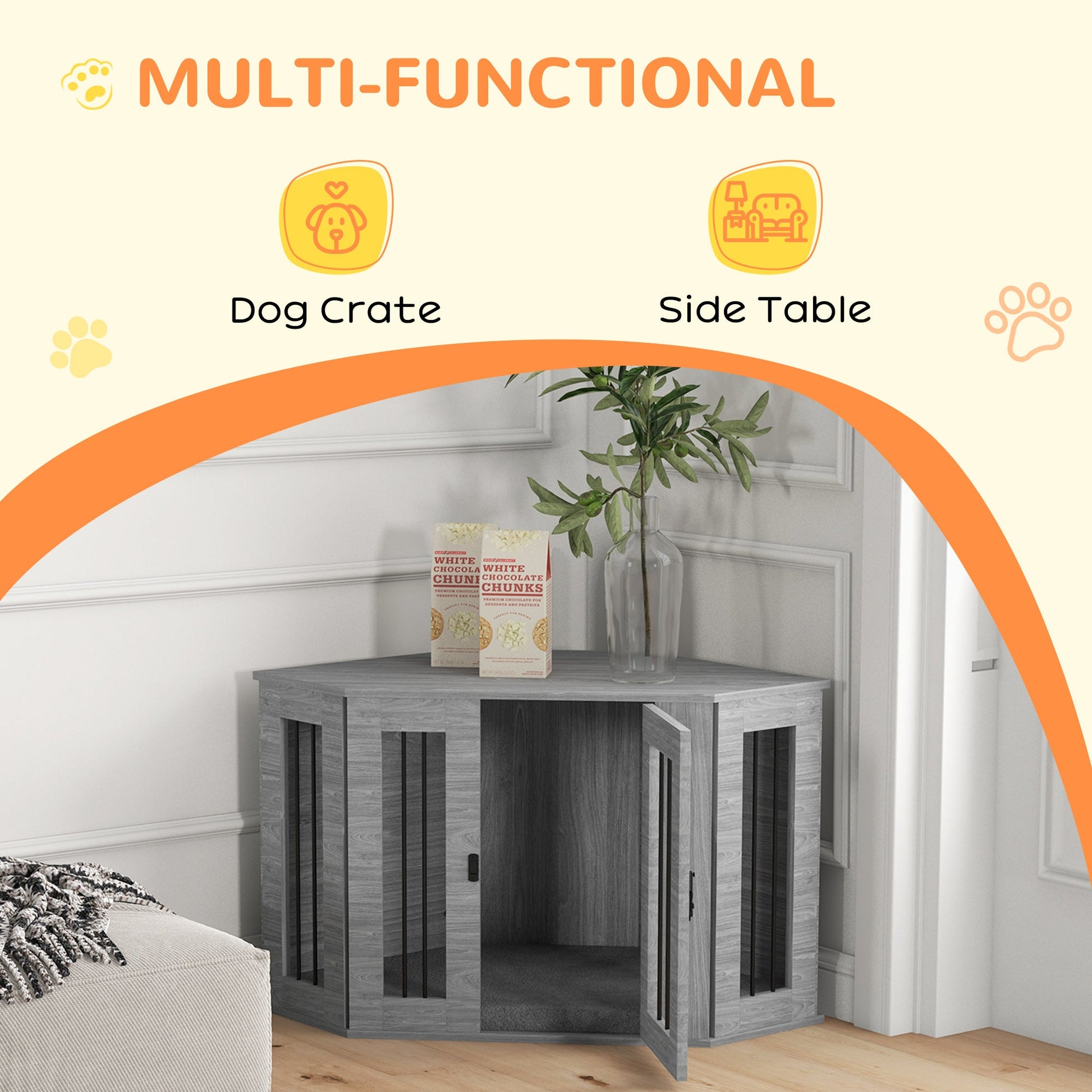 2 in 1 Dog Crate Furniture, Side Table Dog Kennel with Cushion, Large Door, for Medium Dogs - Grey