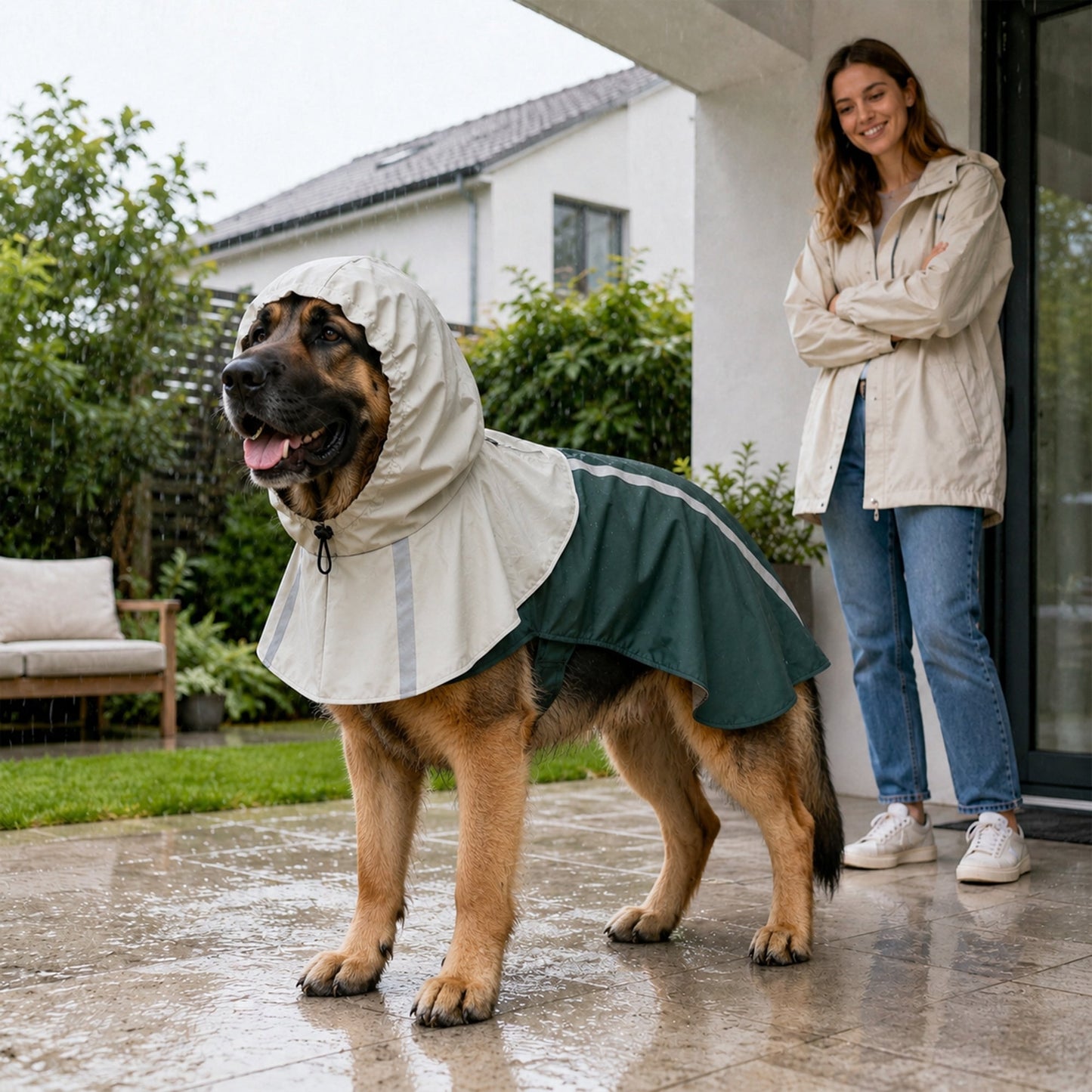 Dog Raincoat with Hood, Waterproof & Breathable Rain Jacket with Reflective Strips and Leash Hole, Adjustable Poncho for Extra Large Dogs, 30-40 KG Available, Green, XL